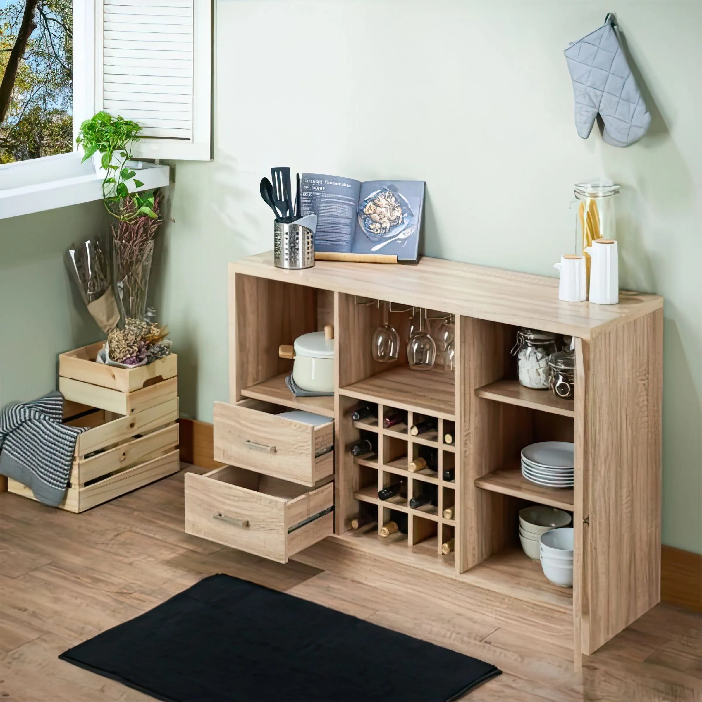 Hazen Rustic Oak Wine Cabinet