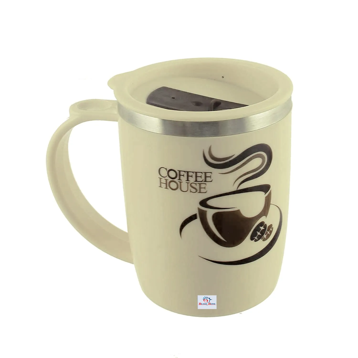 Heart Home Insulated BPA Free Plastic Coffee Mug with Lid (Cream)