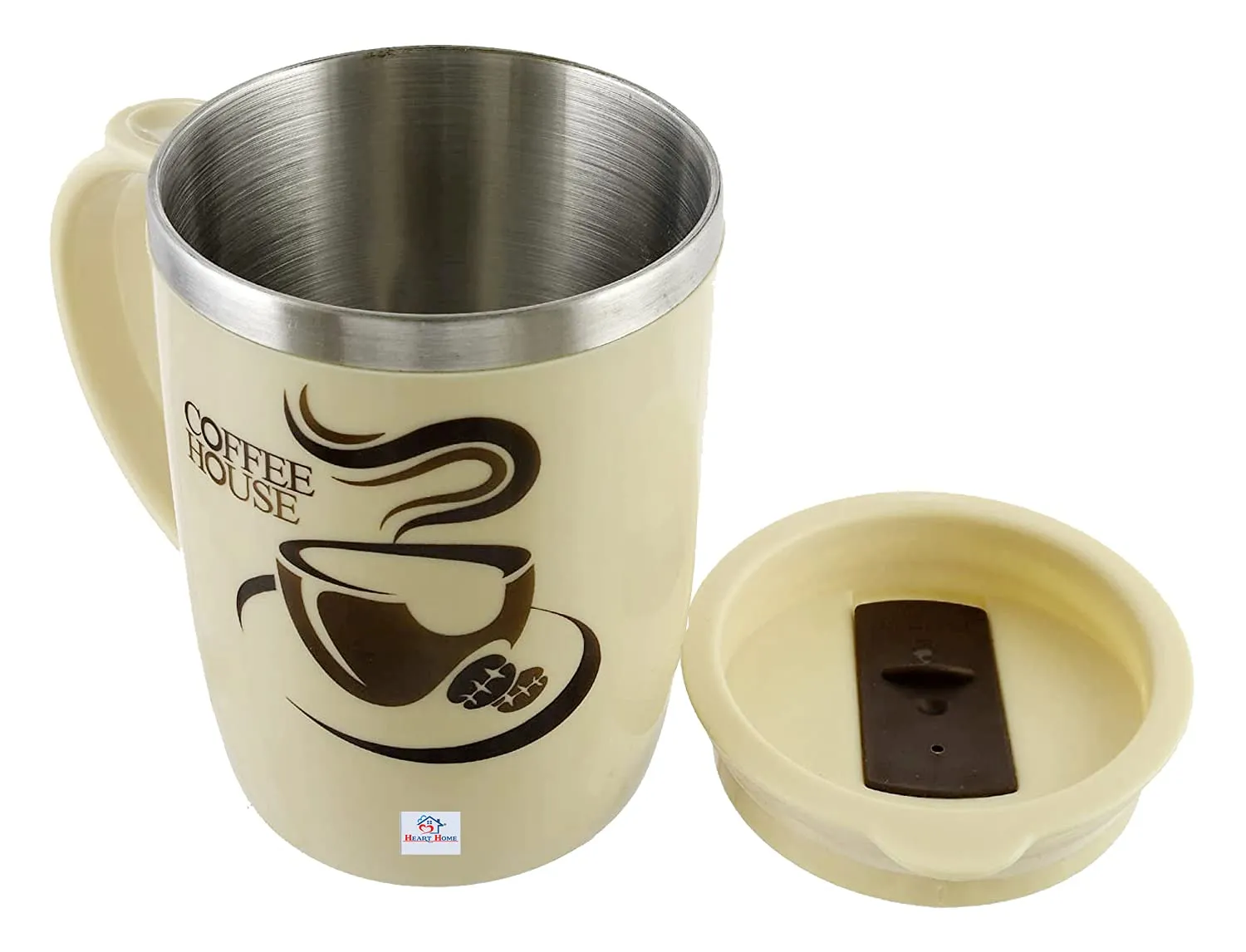 Heart Home Insulated BPA Free Plastic Coffee Mug with Lid (Cream)