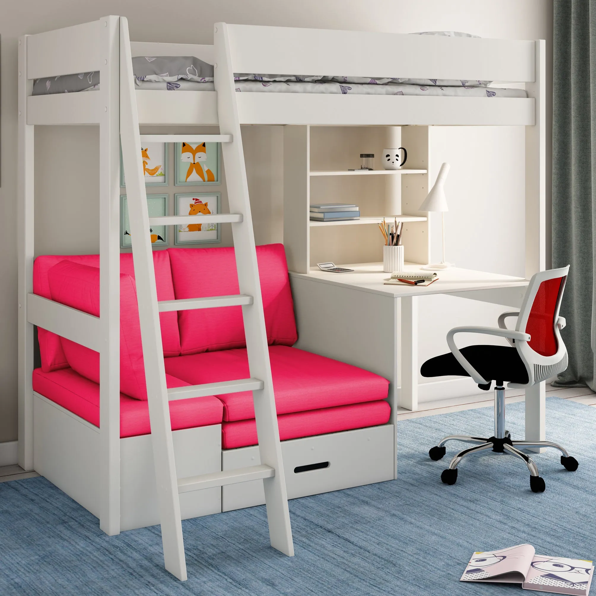 Highsleeper Bed with Desk, Shelf & Corner Sofabed Kids Avenue Estella White