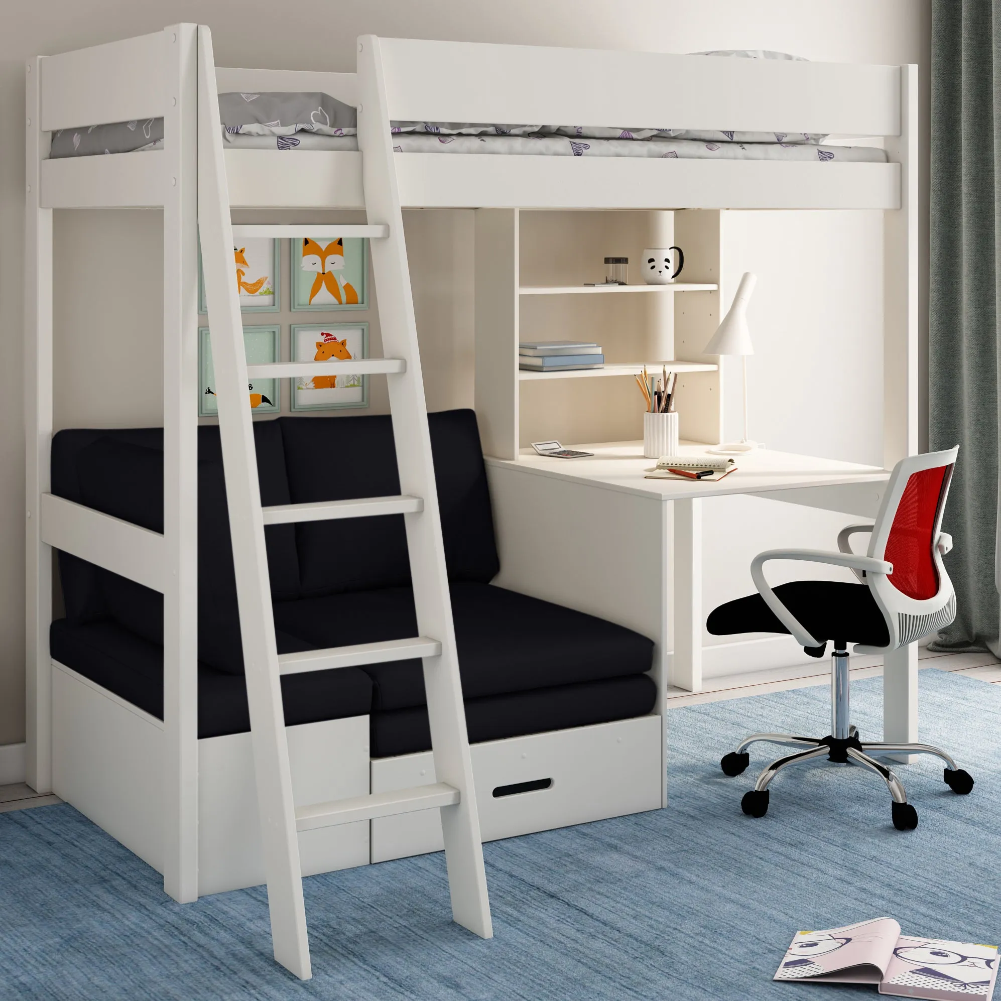 Highsleeper Bed with Desk, Shelf & Corner Sofabed Kids Avenue Estella White