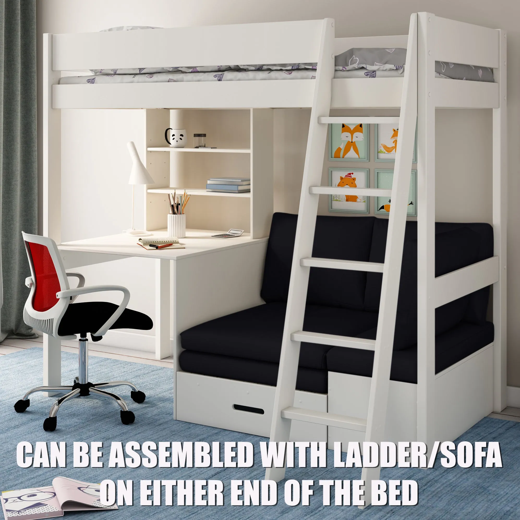 Highsleeper Bed with Desk, Shelf & Corner Sofabed Kids Avenue Estella White