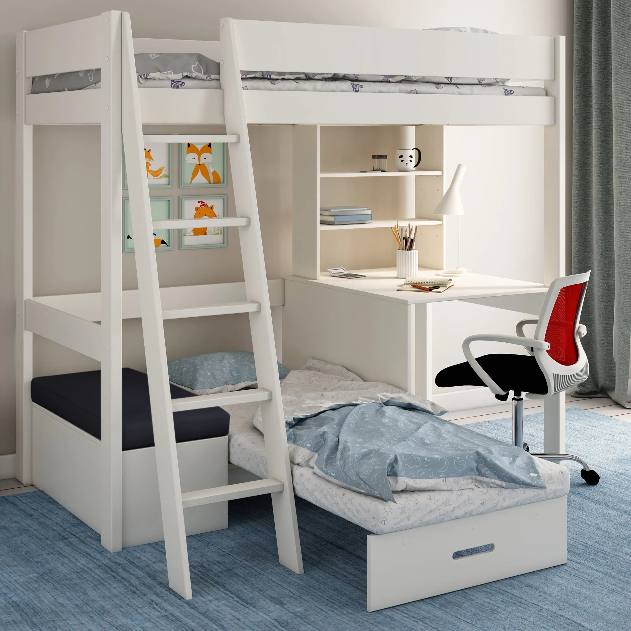 Highsleeper Bed with Desk, Shelf & Corner Sofabed Kids Avenue Estella White