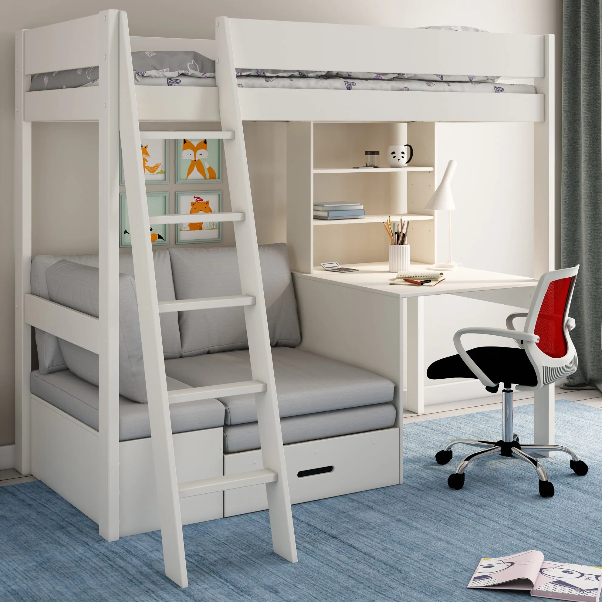 Highsleeper Bed with Desk, Shelf & Corner Sofabed Kids Avenue Estella White