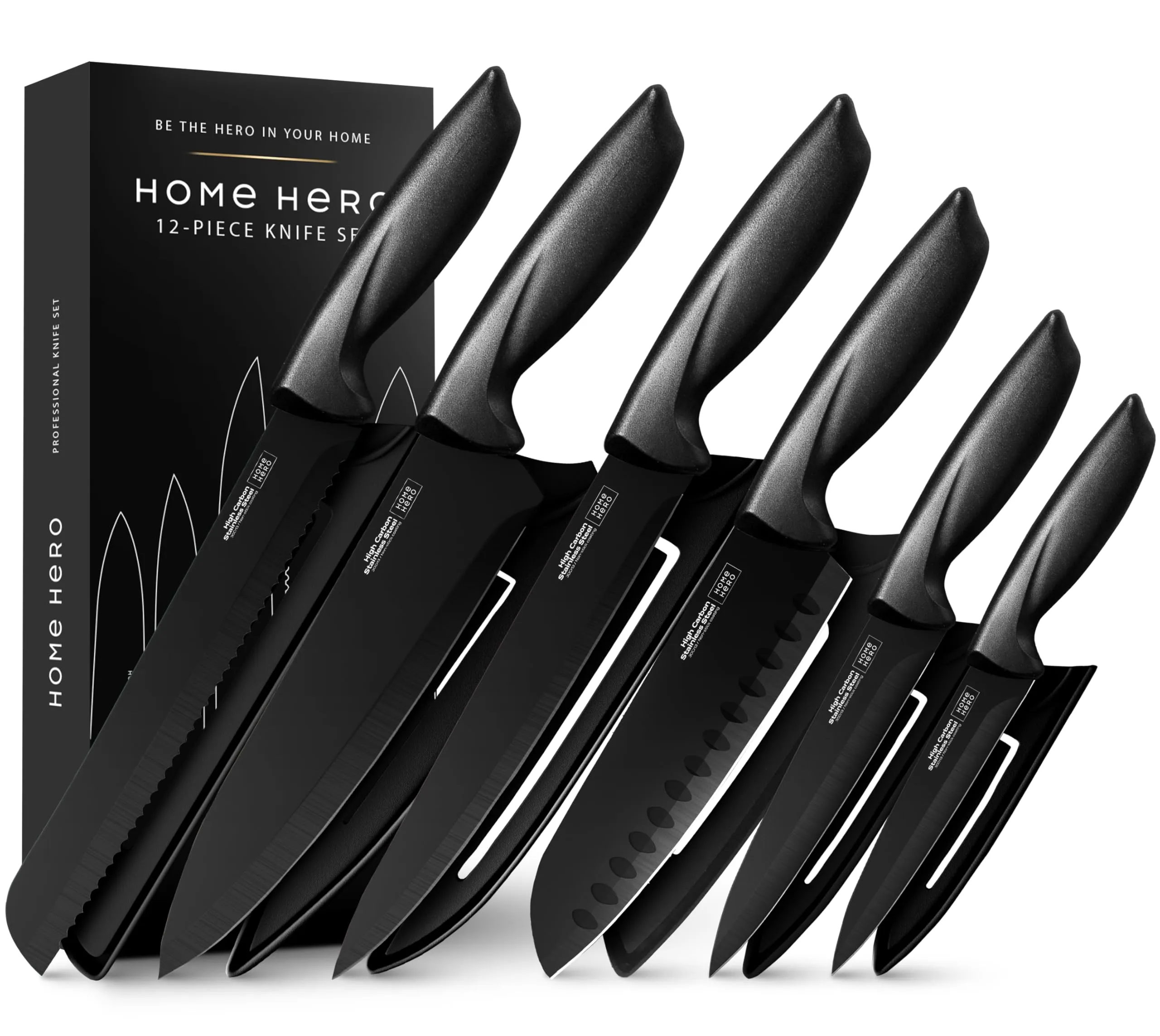 Home Hero Kitchen Knife Set with Sheath Covers - High Carbon Stainless Steel Kitchen Knives with Ergonomic Handles & Ceramic Coating, Nonstick Ceramic Knife Set with Chef Knife (12 Pcs - Black)