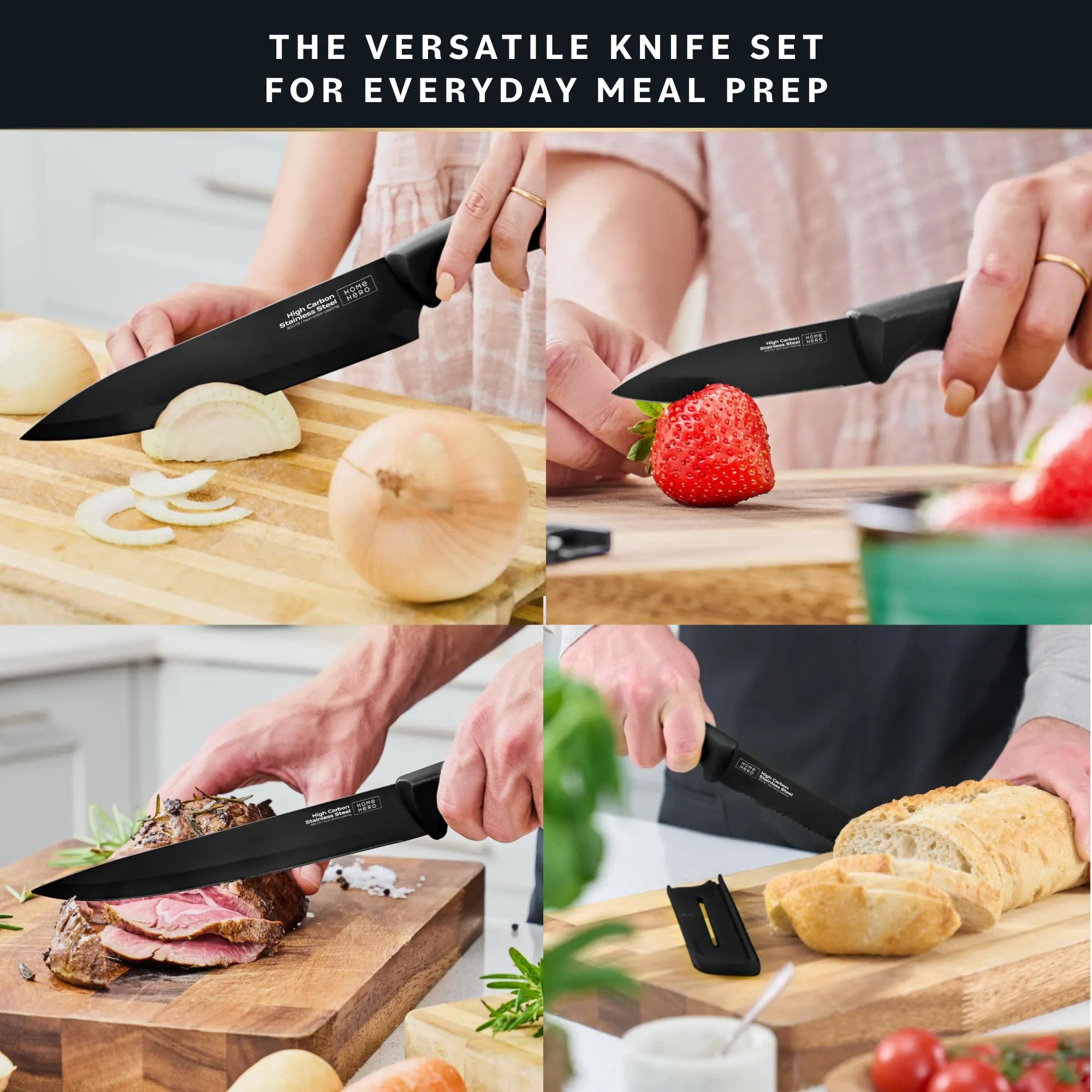 Home Hero Kitchen Knife Set with Sheath Covers - High Carbon Stainless Steel Kitchen Knives with Ergonomic Handles & Ceramic Coating, Nonstick Ceramic Knife Set with Chef Knife (12 Pcs - Black)