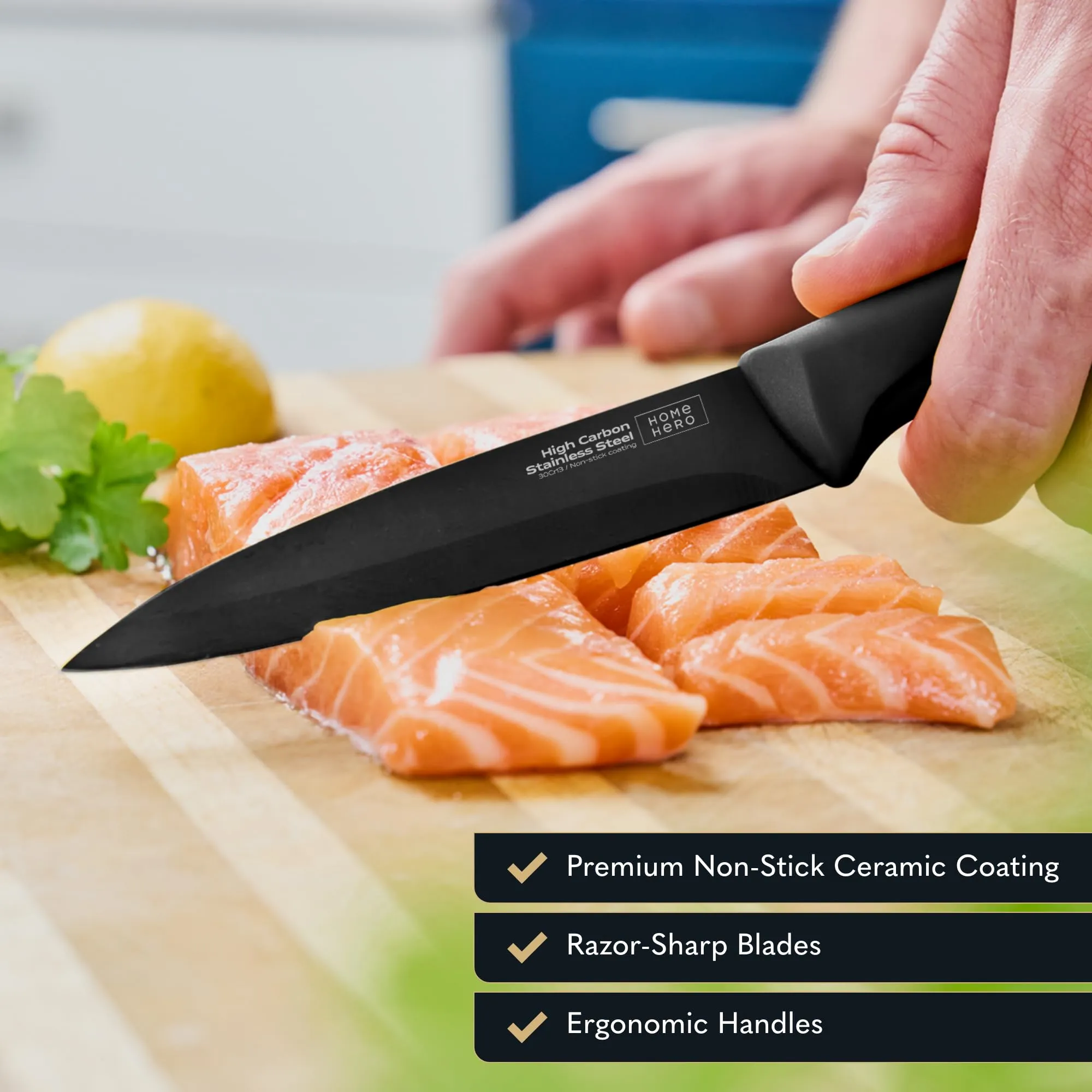 Home Hero Kitchen Knife Set with Sheath Covers - High Carbon Stainless Steel Kitchen Knives with Ergonomic Handles & Ceramic Coating, Nonstick Ceramic Knife Set with Chef Knife (12 Pcs - Black)