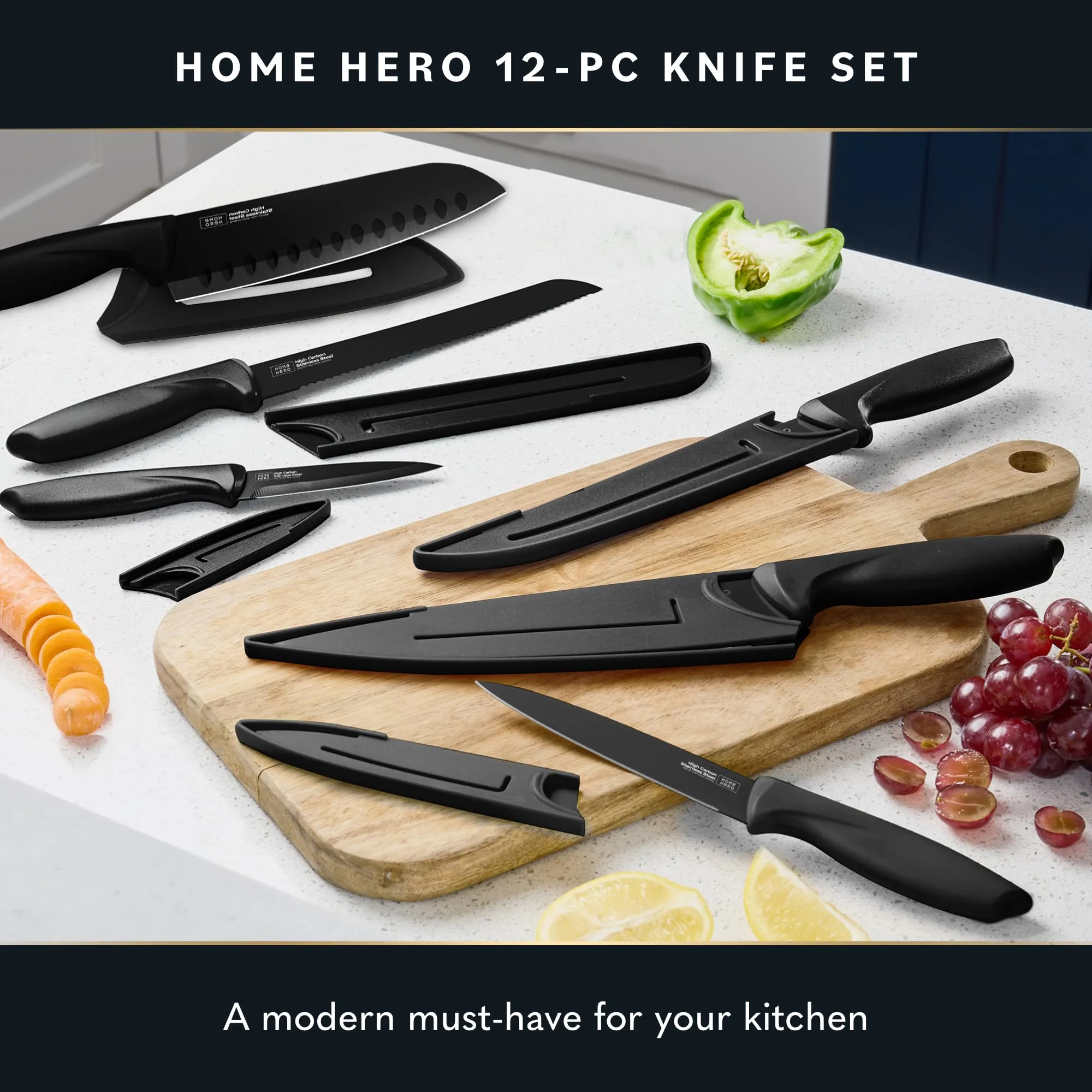 Home Hero Kitchen Knife Set with Sheath Covers - High Carbon Stainless Steel Kitchen Knives with Ergonomic Handles & Ceramic Coating, Nonstick Ceramic Knife Set with Chef Knife (12 Pcs - Black)