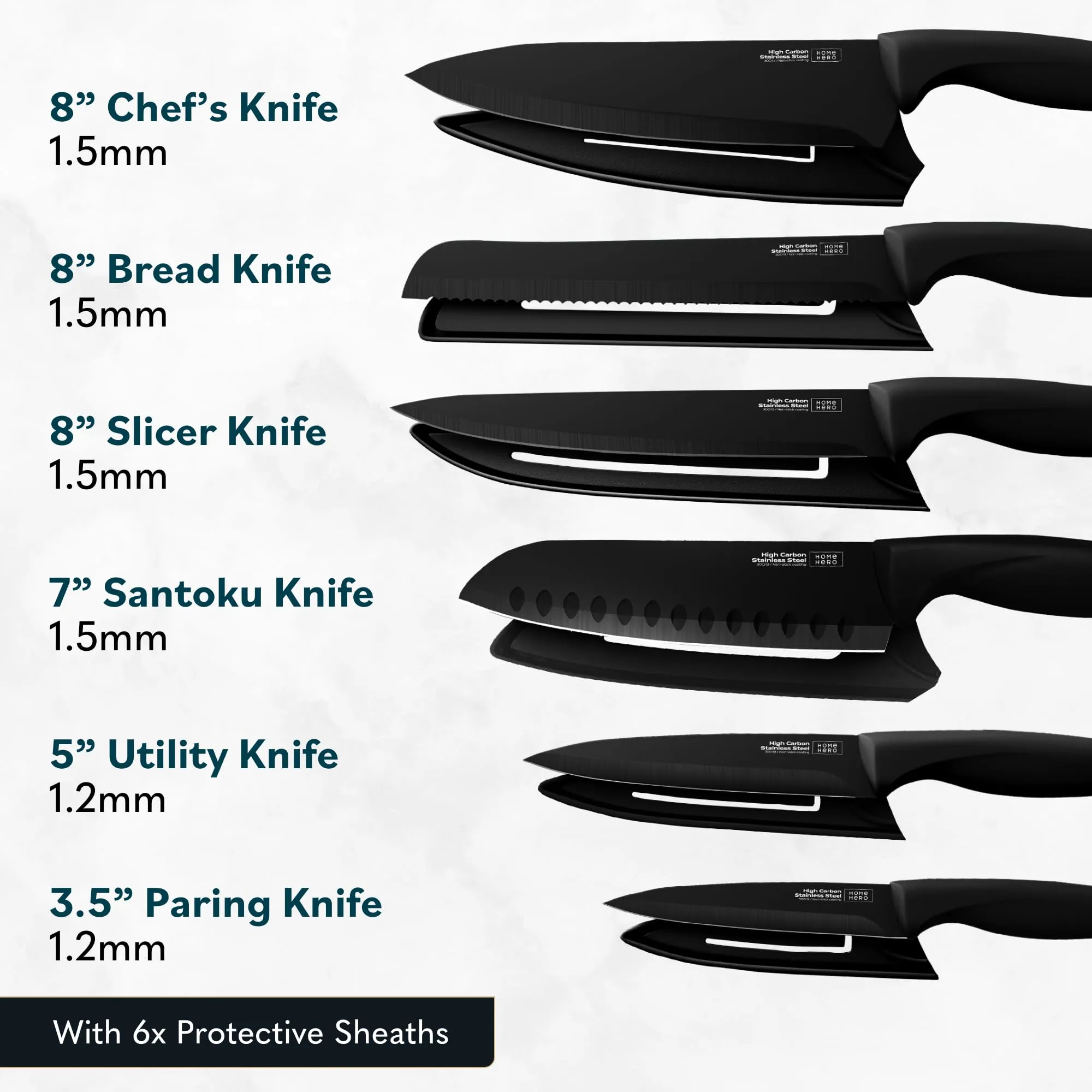 Home Hero Kitchen Knife Set with Sheath Covers - High Carbon Stainless Steel Kitchen Knives with Ergonomic Handles & Ceramic Coating, Nonstick Ceramic Knife Set with Chef Knife (12 Pcs - Black)