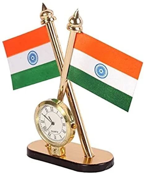 House of Astro® India Cross Design Flags with Clock for Car Dashboard, Home, Study Table, Office Desk, Other, Other 4 Inches (Plastic, Multicolor)