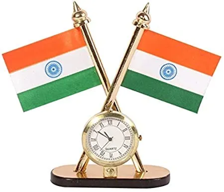 House of Astro® India Cross Design Flags with Clock for Car Dashboard, Home, Study Table, Office Desk, Other, Other 4 Inches (Plastic, Multicolor)