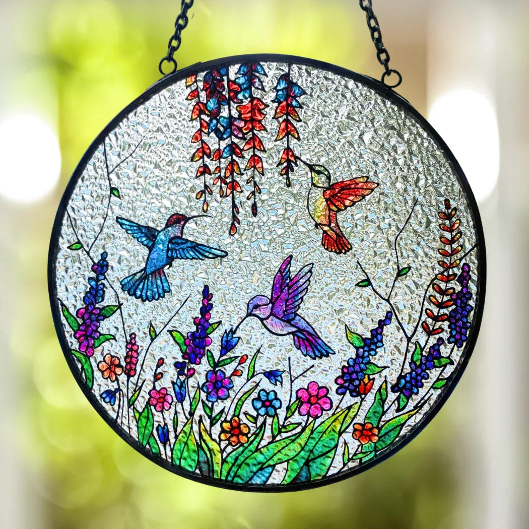 Hummingbirds and Wild Flowers Stained Glass Suncatcher for Indoor Decor and Window Hanging