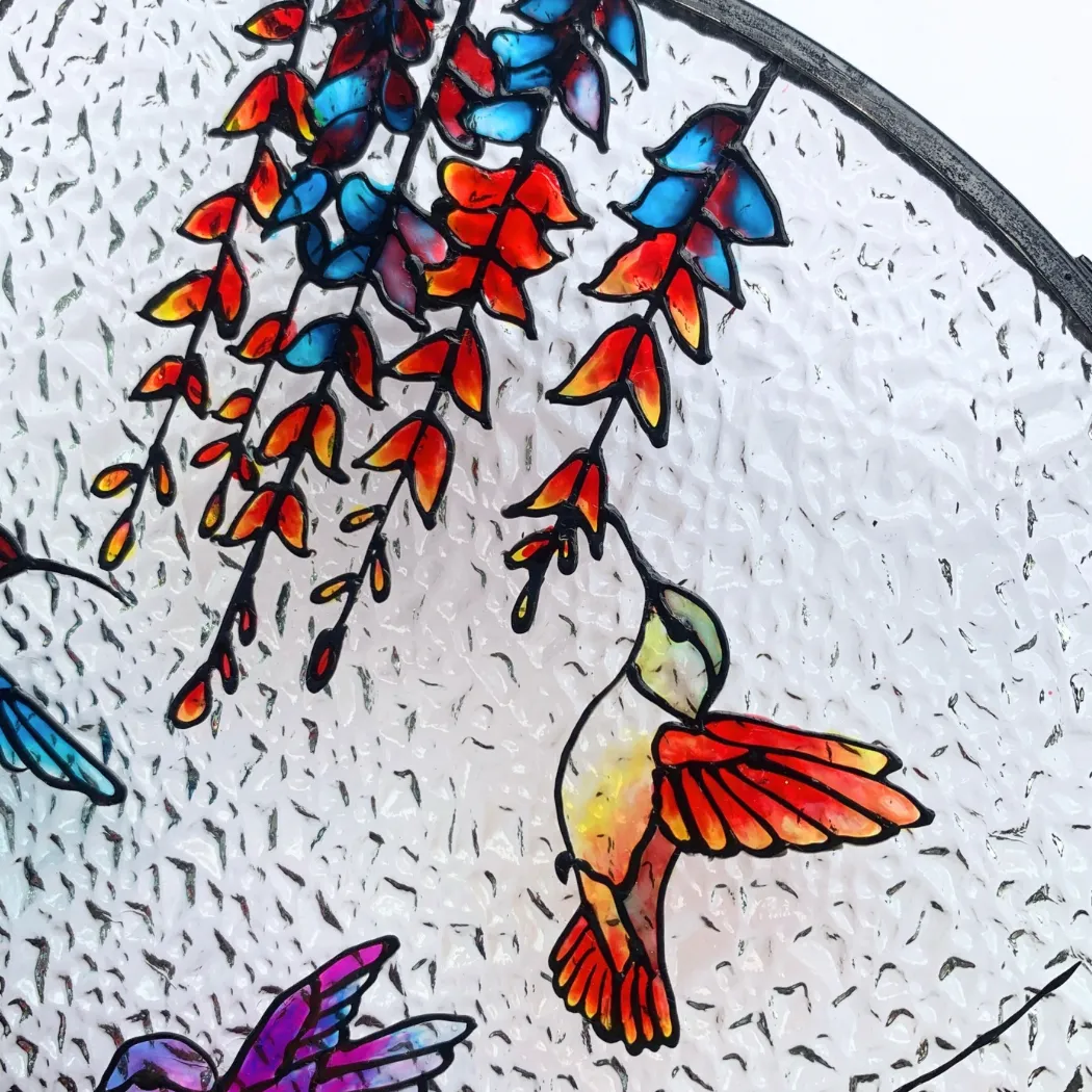 Hummingbirds and Wild Flowers Stained Glass Suncatcher for Indoor Decor and Window Hanging