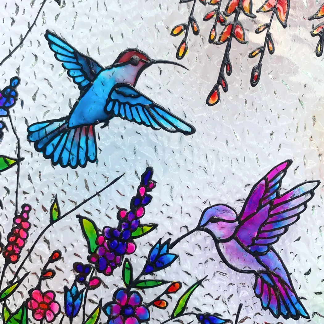 Hummingbirds and Wild Flowers Stained Glass Suncatcher for Indoor Decor and Window Hanging