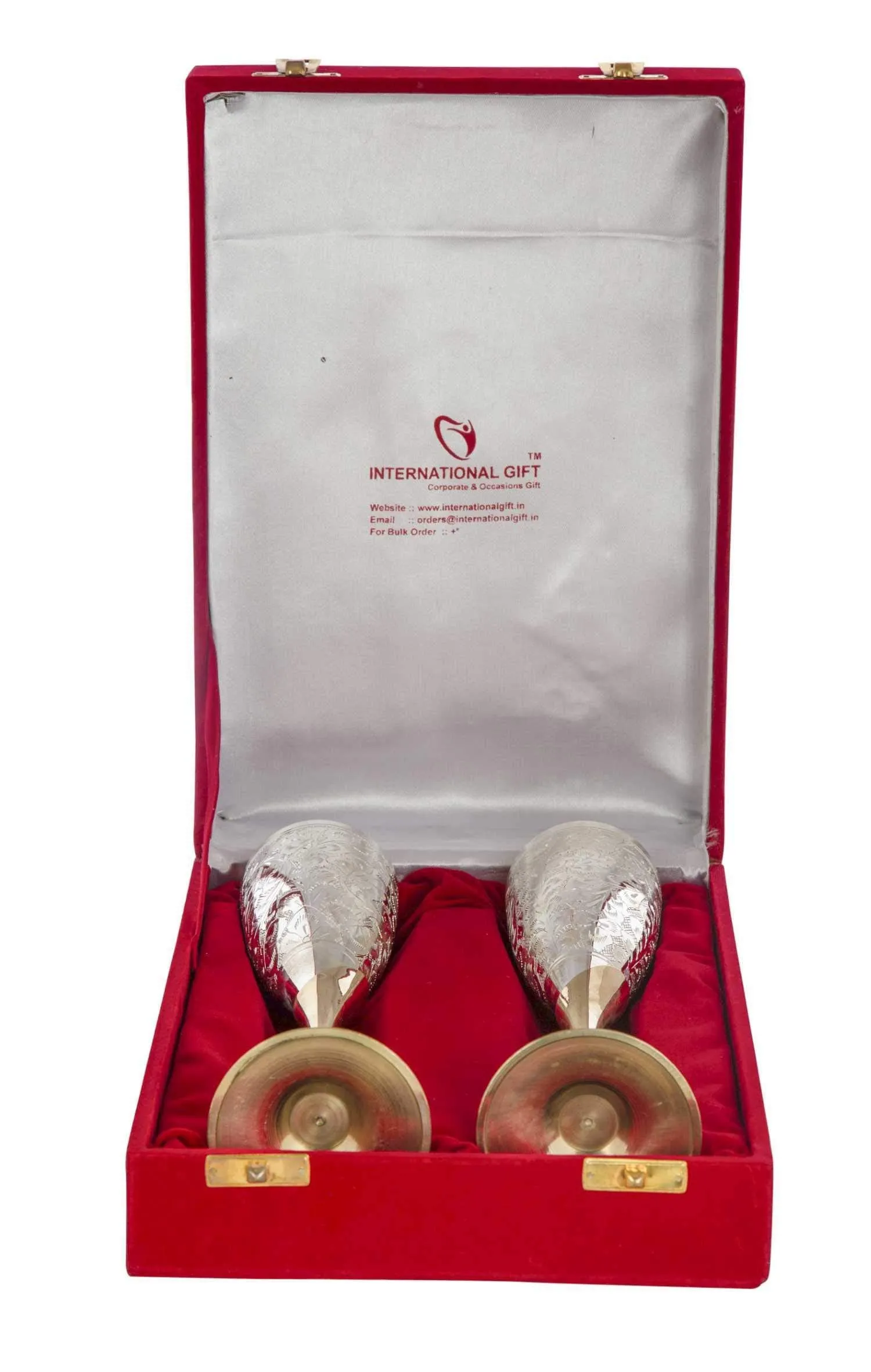 INTERNATIONAL GIFT® German Silver Wine Glass with Beautiful Velvet Box Packing and with Carry Bag (Set of 2 Pieces Glass / 28 Centimeters)