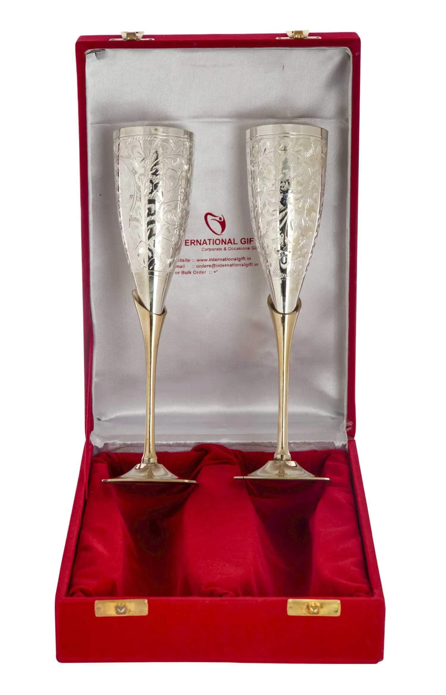 INTERNATIONAL GIFT® German Silver Wine Glass with Beautiful Velvet Box Packing and with Carry Bag (Set of 2 Pieces Glass / 28 Centimeters)