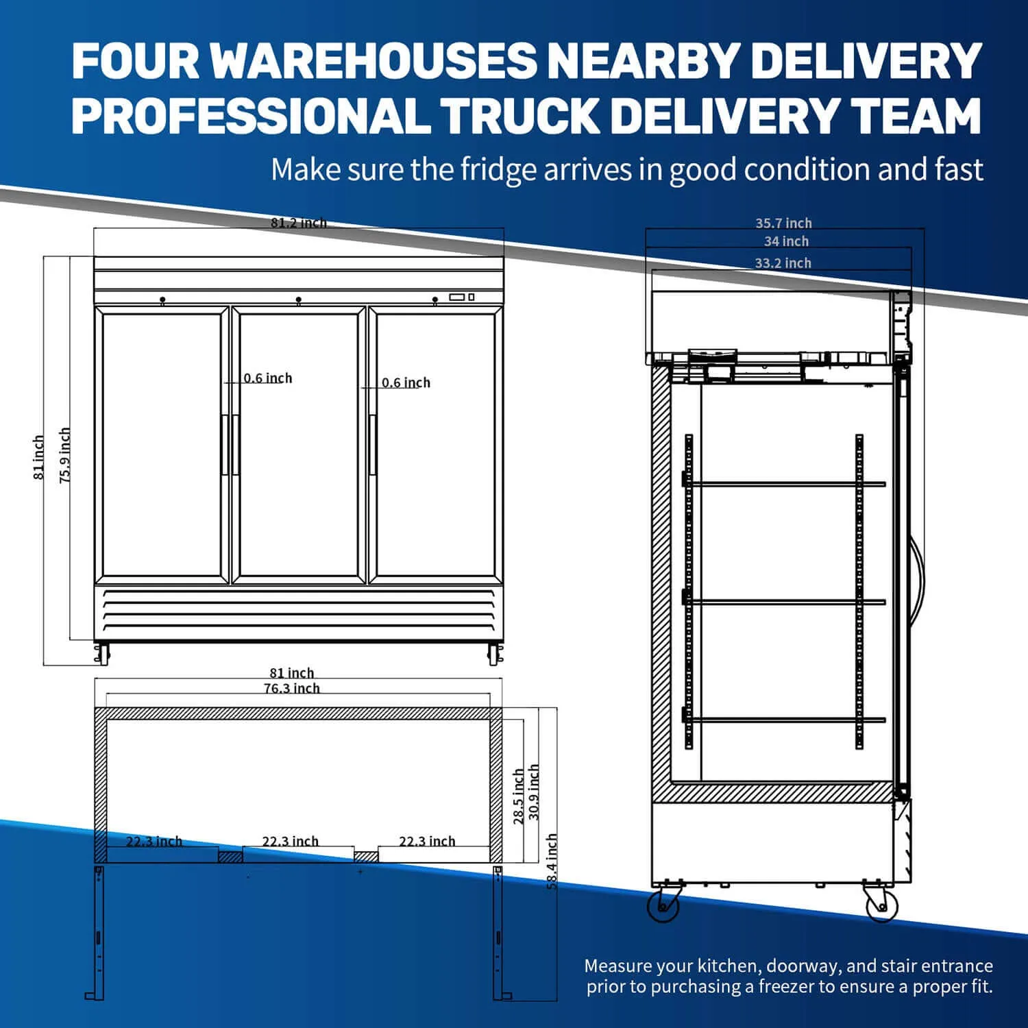 KICHKING 72" Commercial Reach-in Refrigerator- Three Section Glass Door Stainless Steel Merchandiser , 33℉~41℉