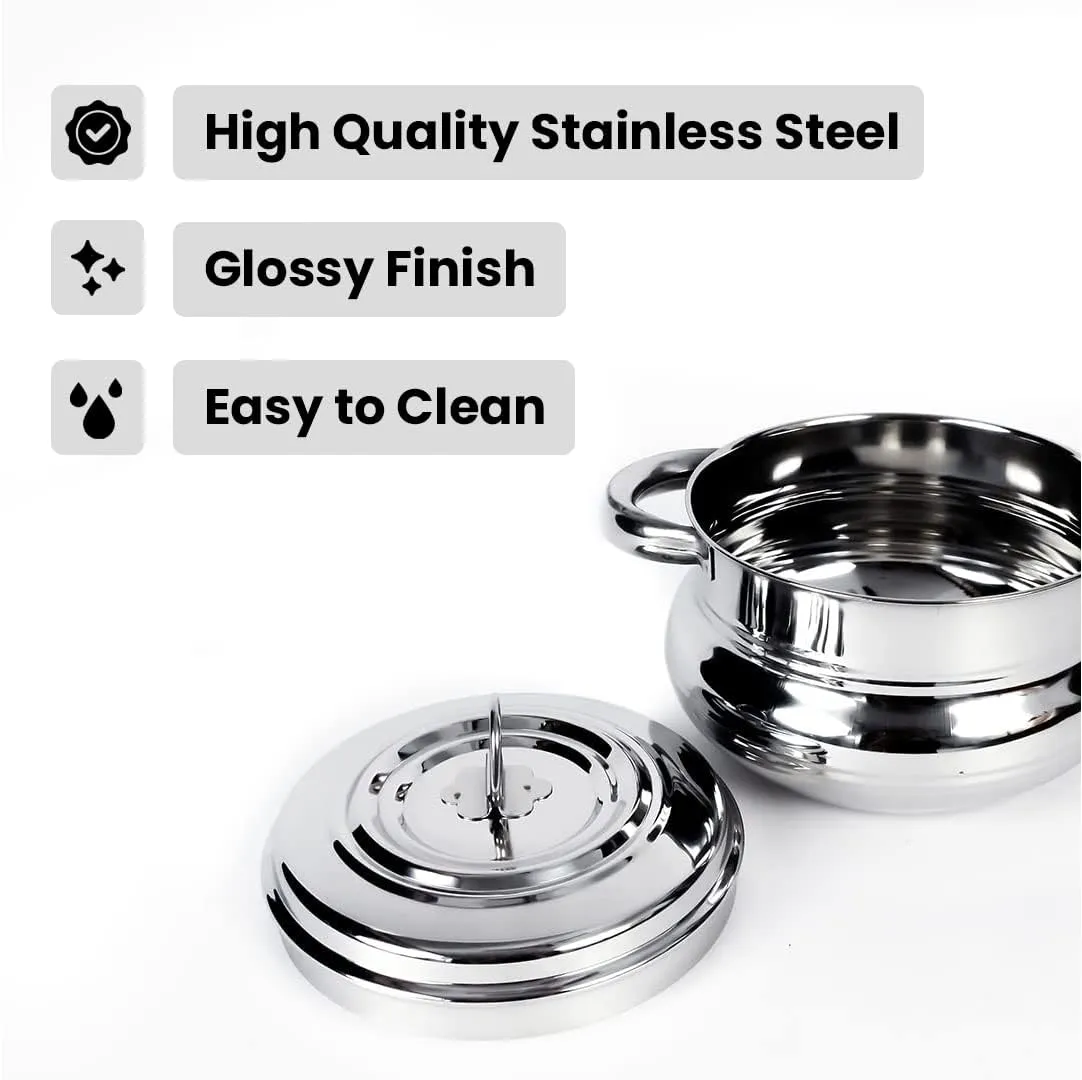 Kuber Industries Stainless Steel Handi Casserole Set of 3 with Lid|Cook and Serve|600 ml, 1 Litre, 1.6 Litre Capacity|Biryani Handi, Saucepan, Silver|Patila/Tope for Kitchen Combo of 3 (Pack Of 4)