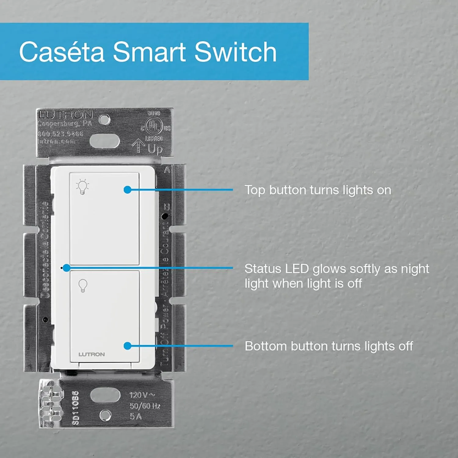 Lutron Caseta Smart Lighting Switch for All Bulb Types or Fans | Neutral Wire Required | PD-6ANS-WH | White