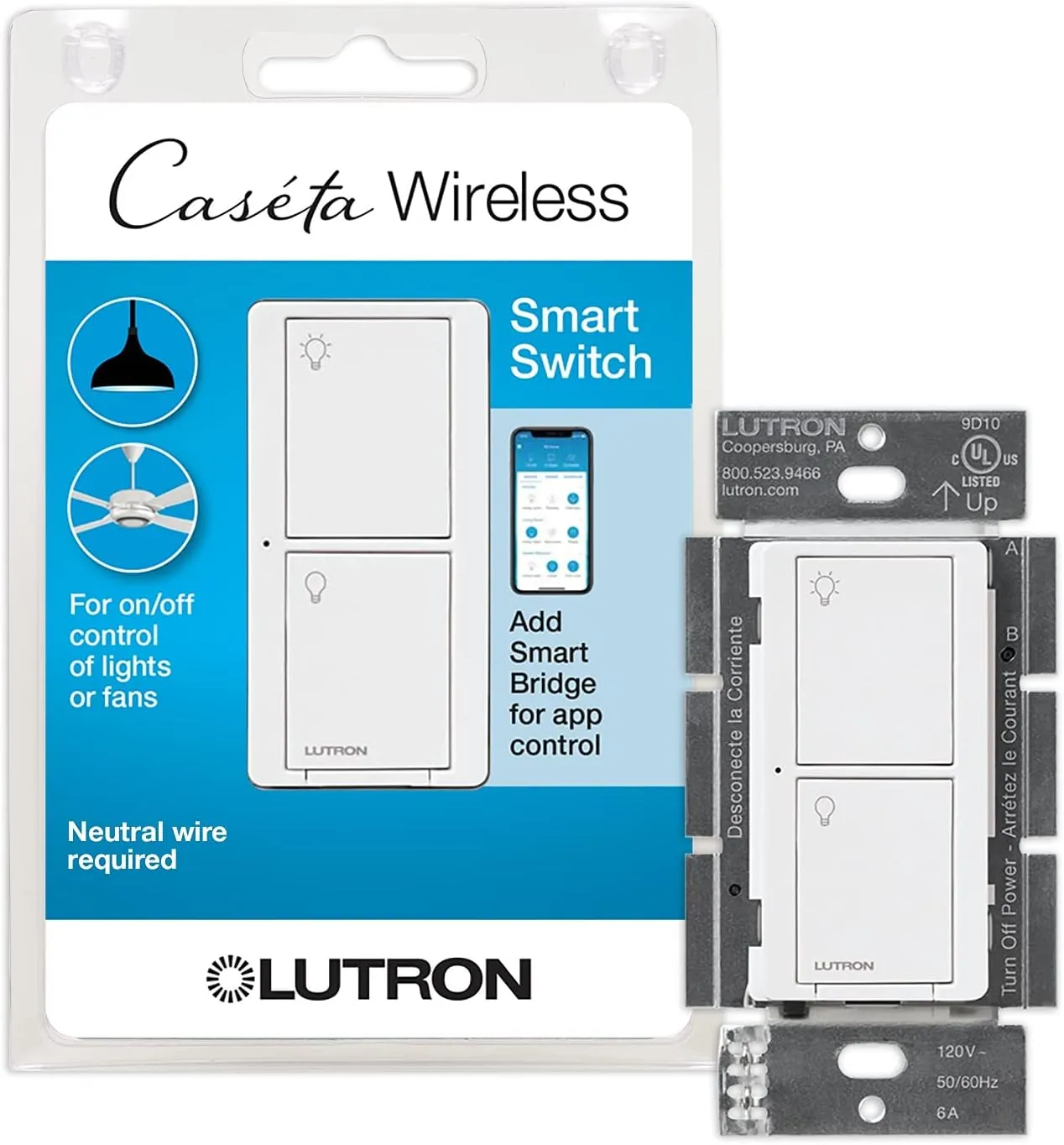 Lutron Caseta Smart Lighting Switch for All Bulb Types or Fans | Neutral Wire Required | PD-6ANS-WH | White