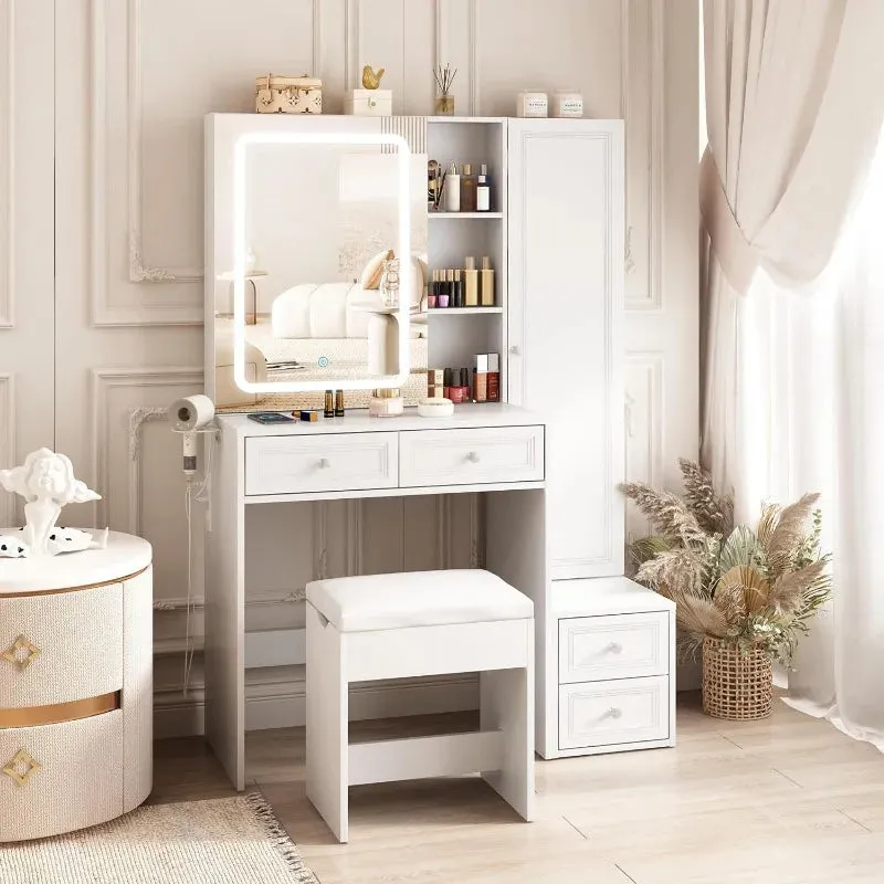 Makeup Vanity Desk with LED Lighted Sliding Mirror, Vanity Table with Jewelry Cabinet, and Charging Station