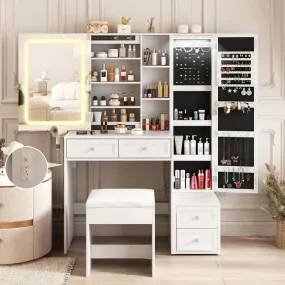 Makeup Vanity Desk with LED Lighted Sliding Mirror, Vanity Table with Jewelry Cabinet, and Charging Station