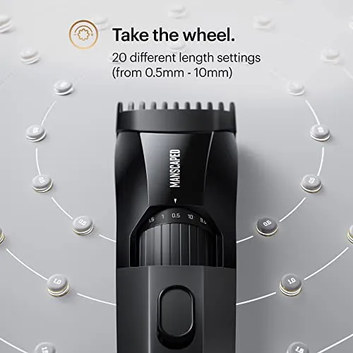 MANSCAPED® The Beard Hedger™ Premium Men's Beard Trimmer, 20 Length Adjustable Blade Wheel, Stainless Steel T-Blade for Precision Facial Hair Trimming, Cordless Waterproof Wet/Dry Clipper