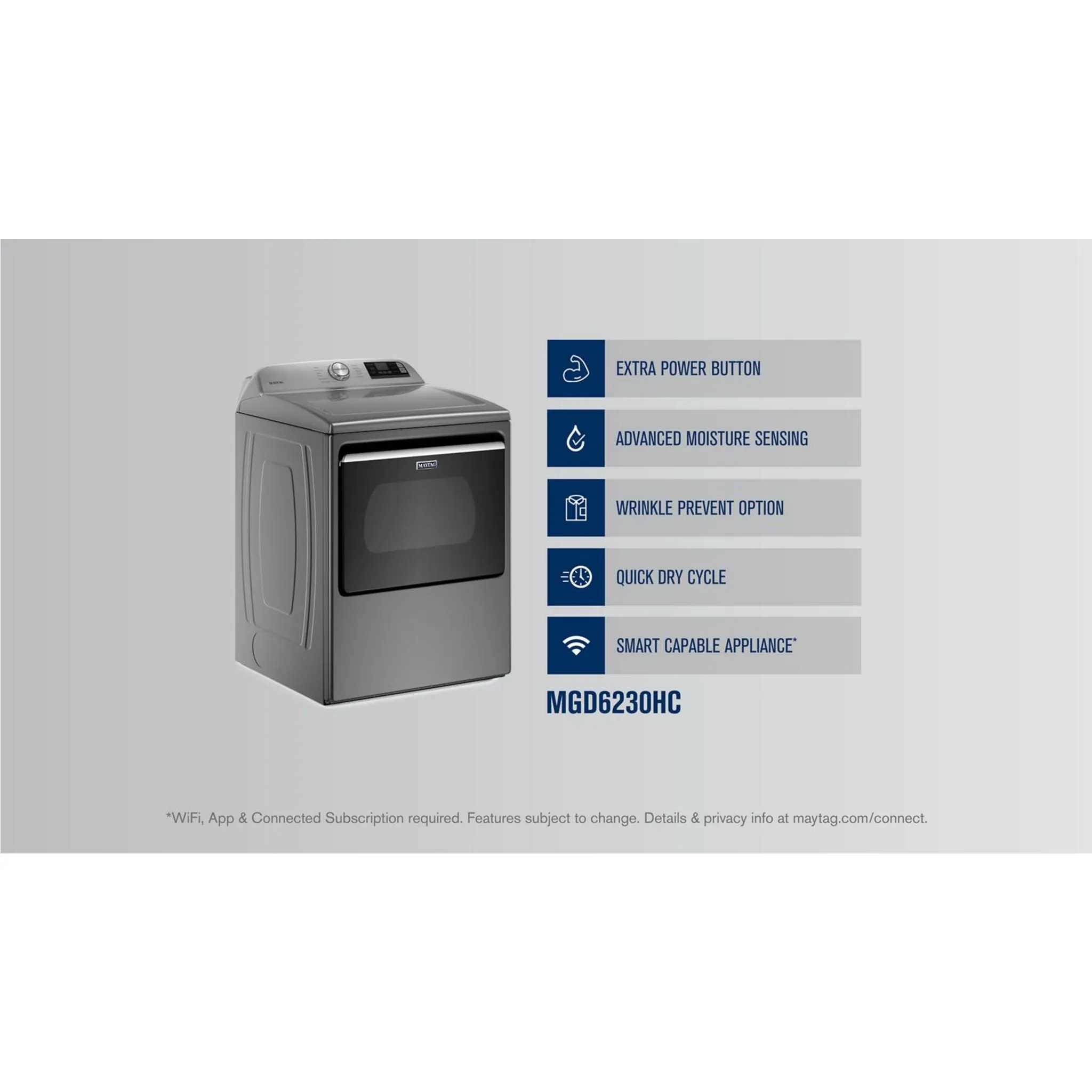 Maytag Smart Top Load Gas Dryer with Extra Power Button - 7.4 cu. ft. (MGD6230HC)