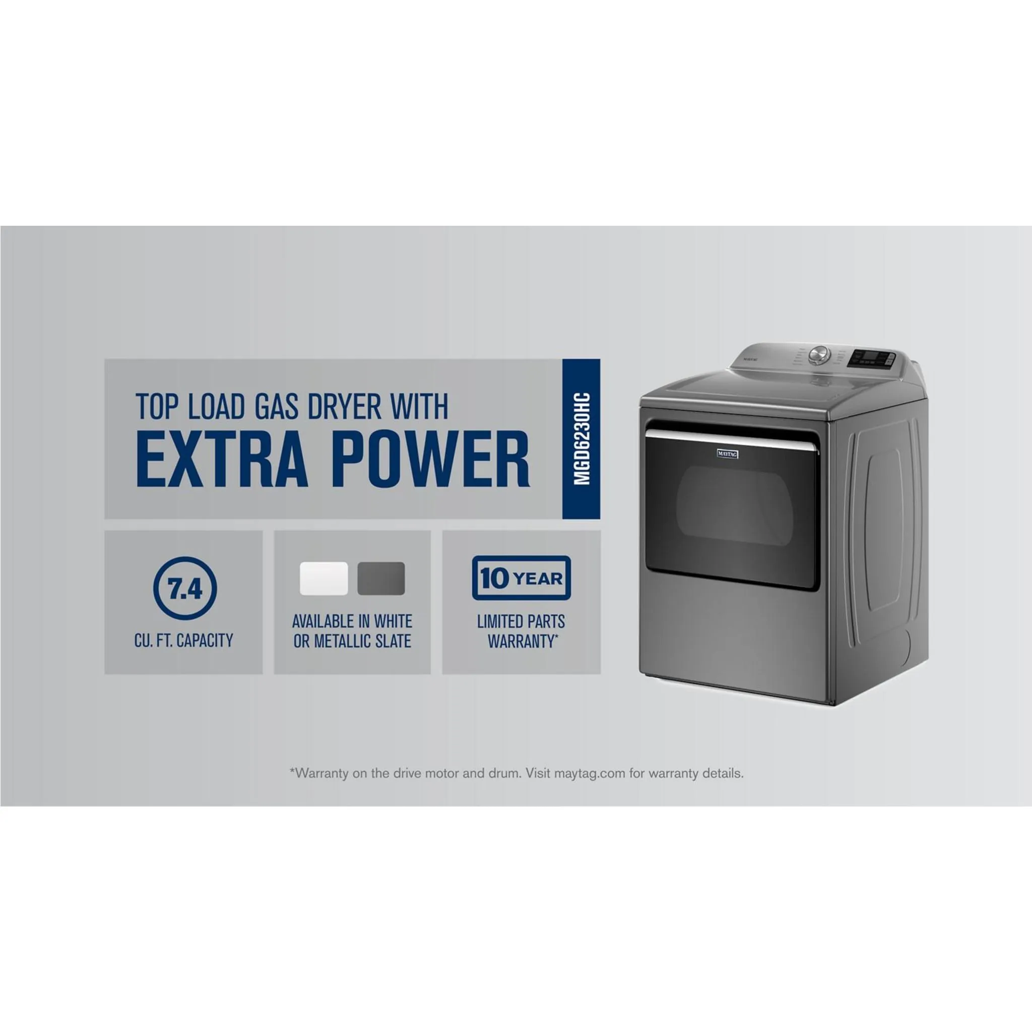 Maytag Smart Top Load Gas Dryer with Extra Power Button - 7.4 cu. ft. (MGD6230HC)