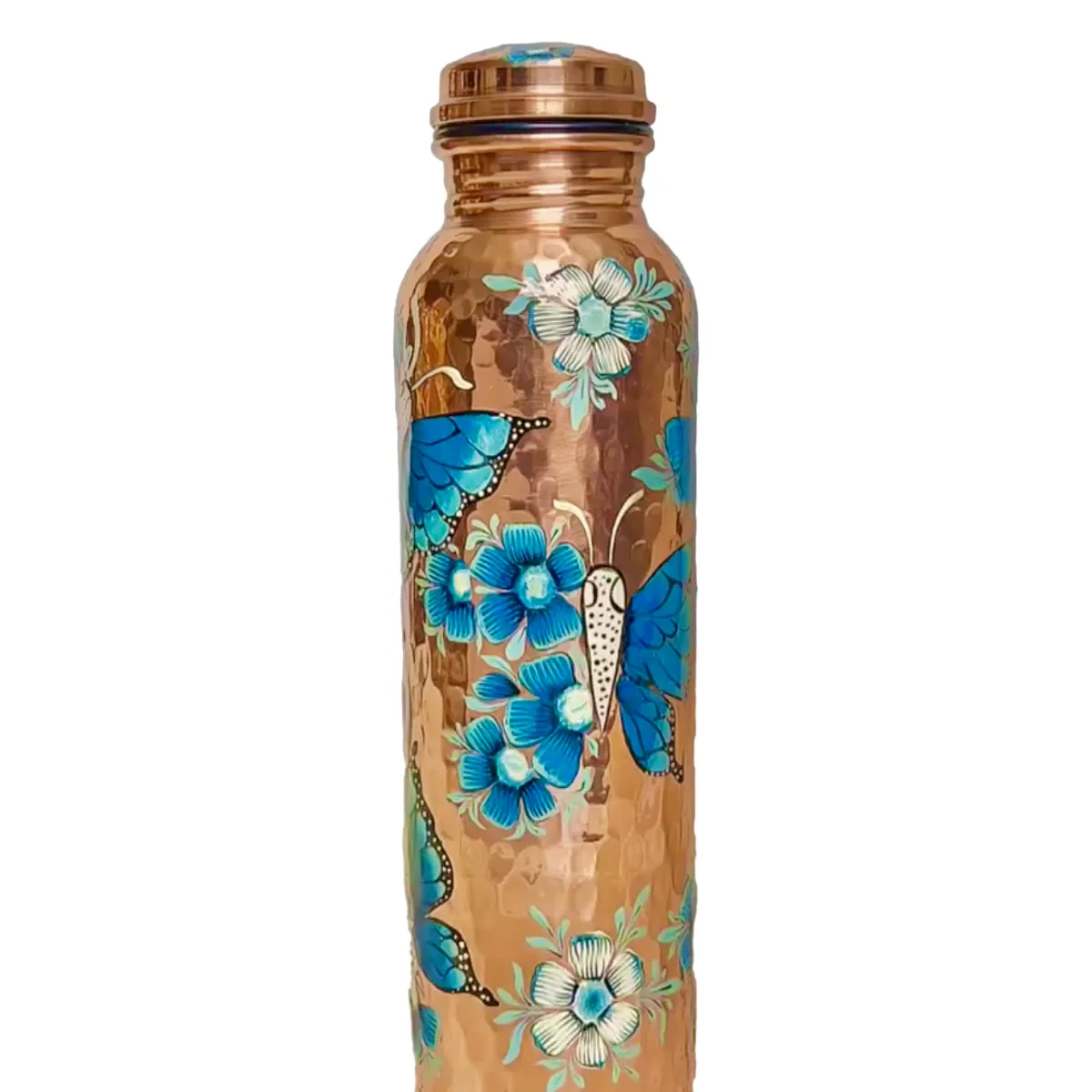 Mexican Copper 1 L / 33 oz. Water Bottle- Hand Painted Blue Butterflies