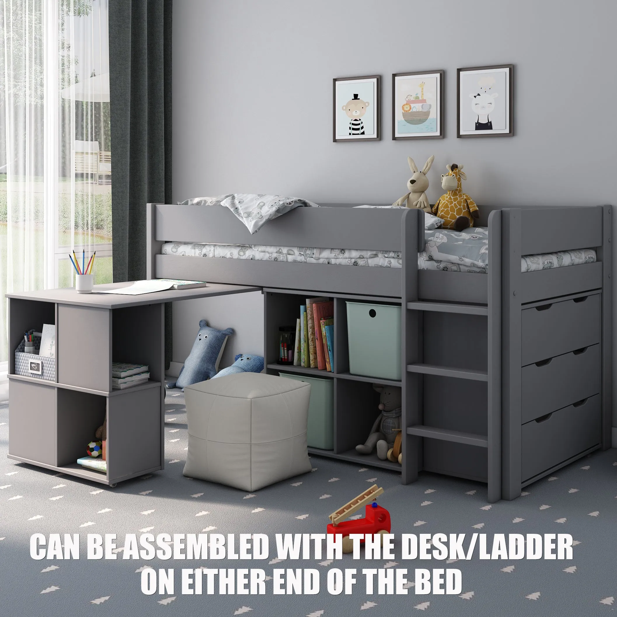 Midsleeper Bed with Shelves, Drawers & Pull Out Desk Kids Avenue Estella Grey