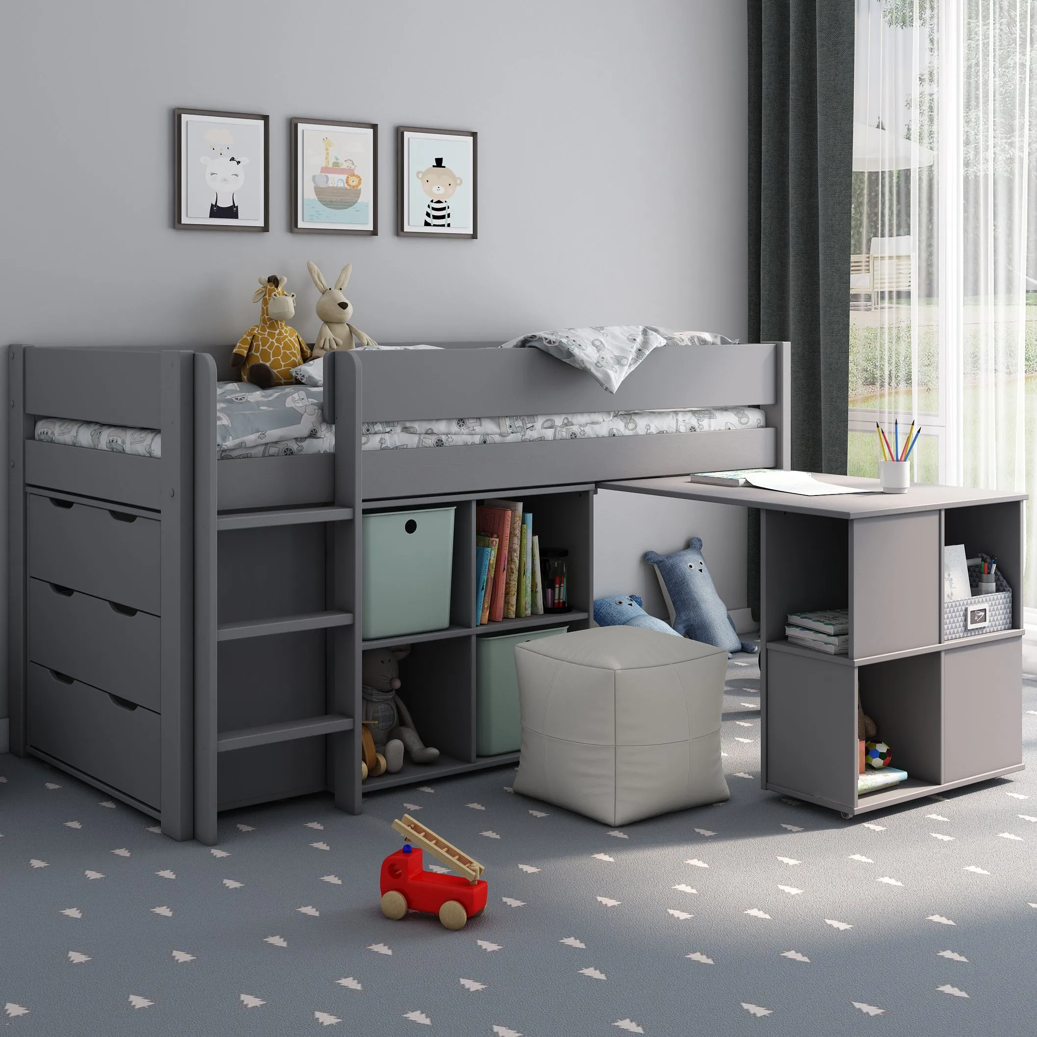 Midsleeper Bed with Shelves, Drawers & Pull Out Desk Kids Avenue Estella Grey