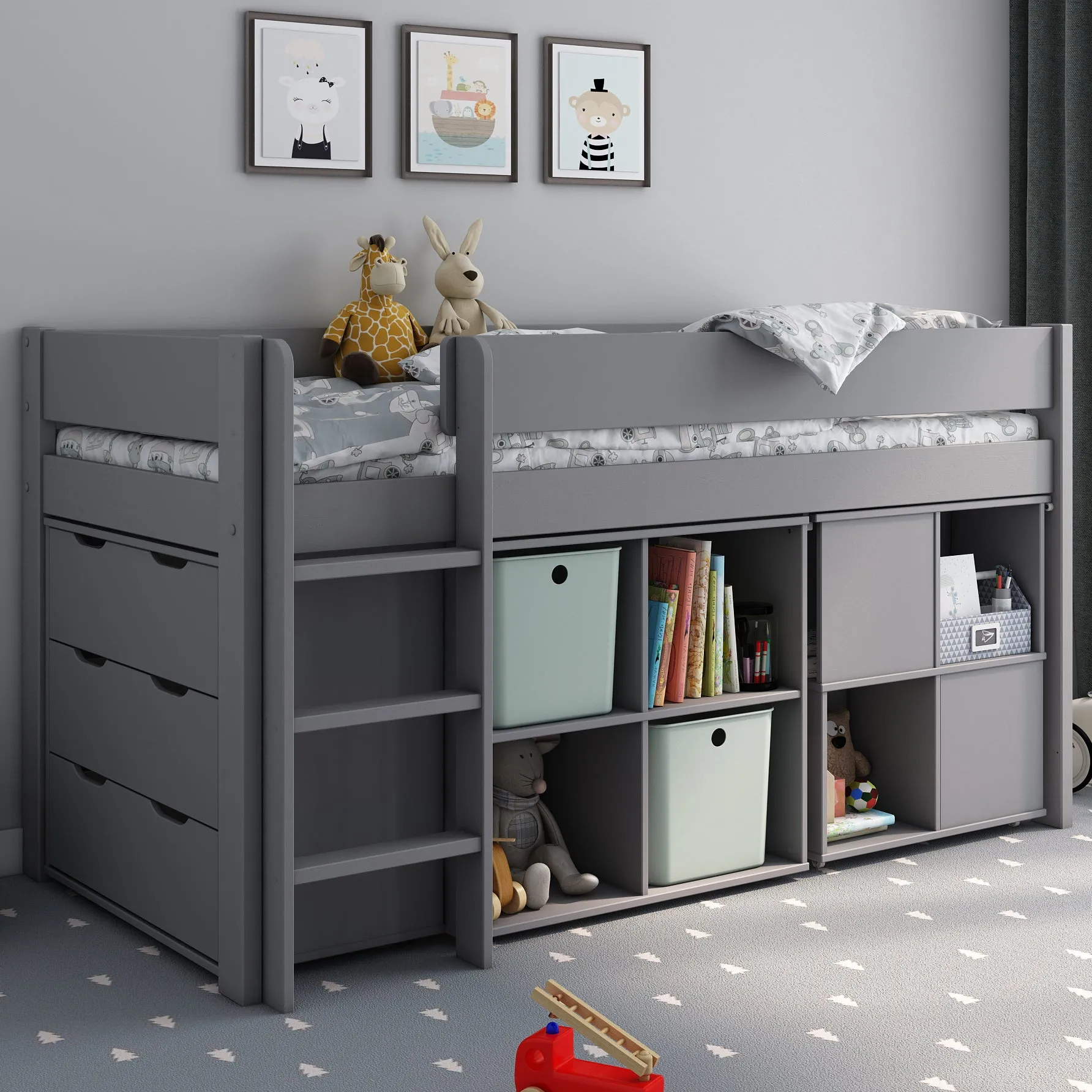 Midsleeper Bed with Shelves, Drawers & Pull Out Desk Kids Avenue Estella Grey