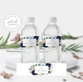 Navy and Blush Baptism Water Bottle Label Template, Printable Bottle Wrapper, Editable INSTANT DOWNLOAD - MB100