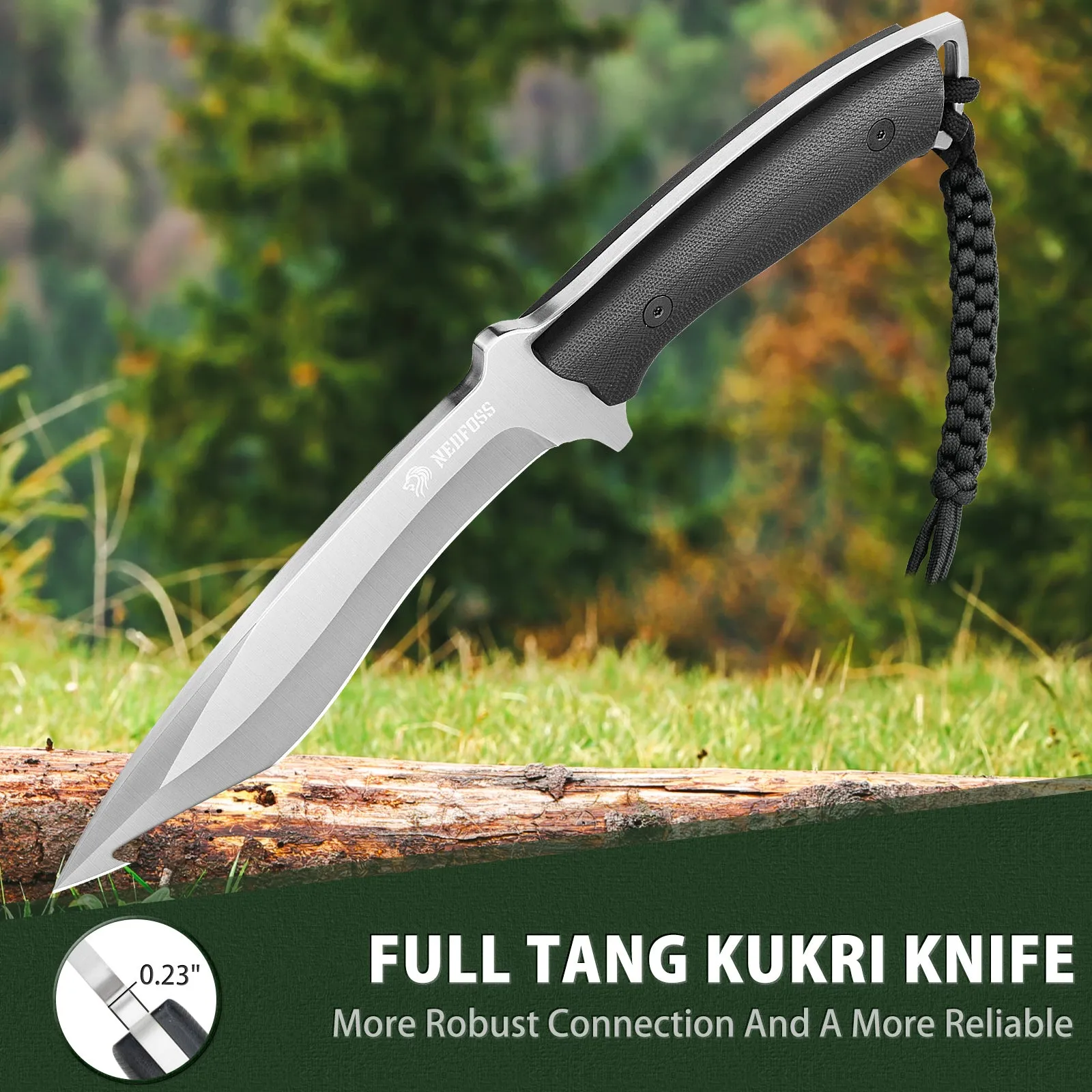 Nedfoss Kukri Outdoor Knife,6.3" Full Tang Fixed Blade Bushcraft Knife with G10 Handle