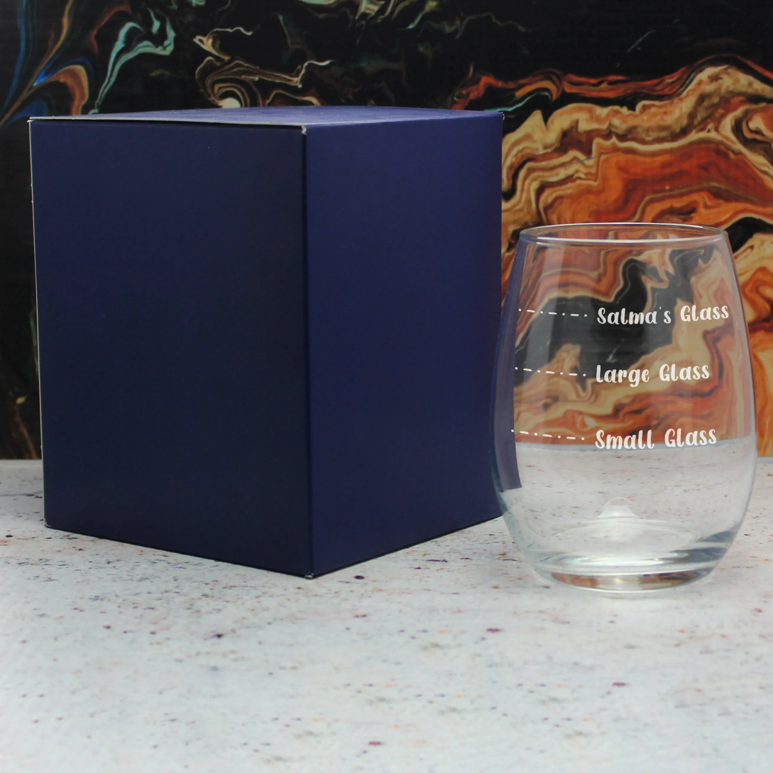 Personalised Engraved Stemless Amber Wine Glass with Name's Glass Handwritten Measurements Design, Customise with Any Name