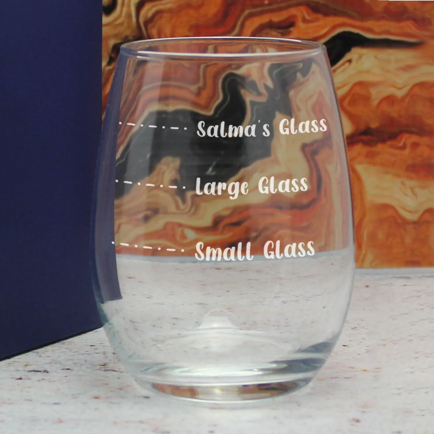 Personalised Engraved Stemless Amber Wine Glass with Name's Glass Handwritten Measurements Design, Customise with Any Name