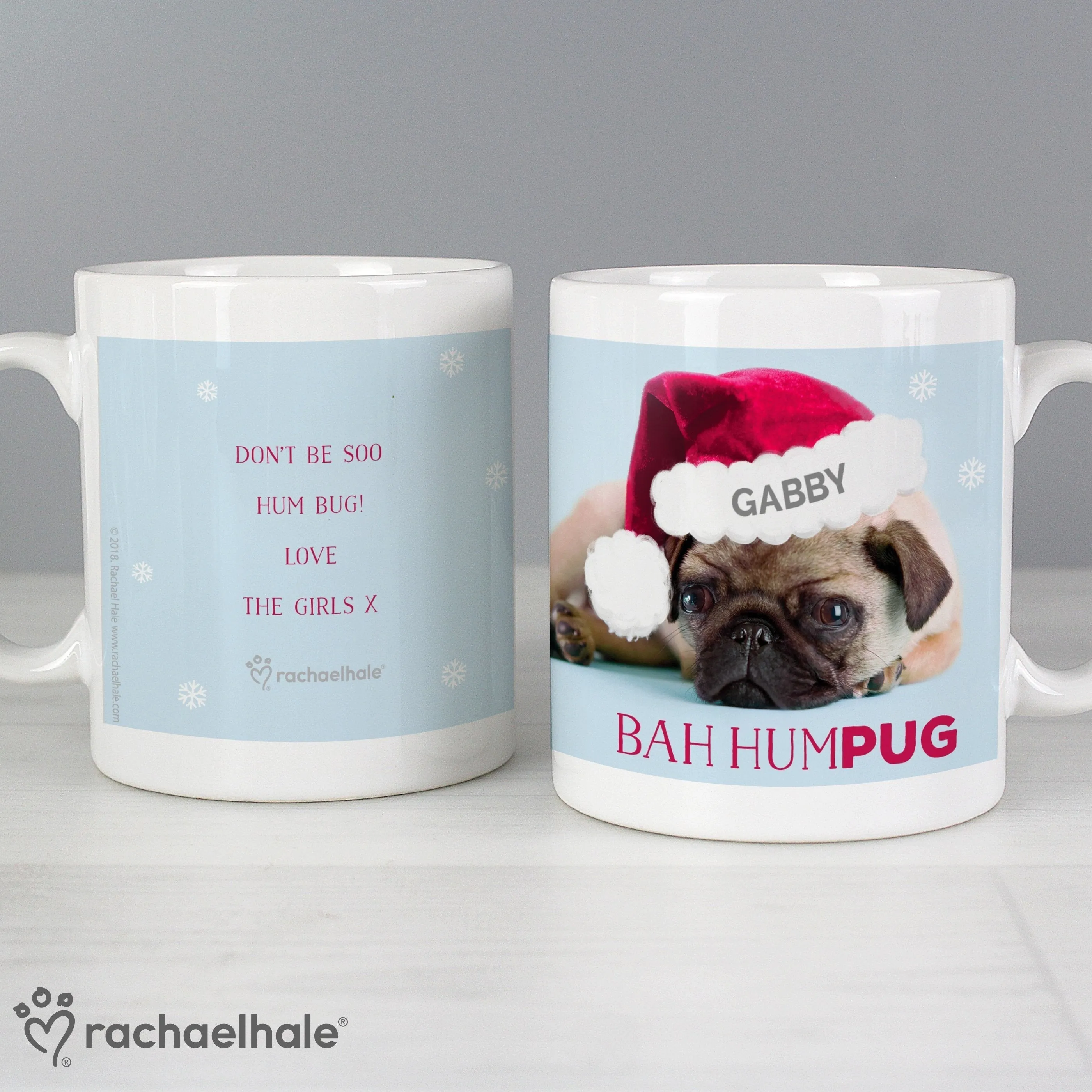 Personalised Rachael Hale Christmas Bah Hum Pug Mug