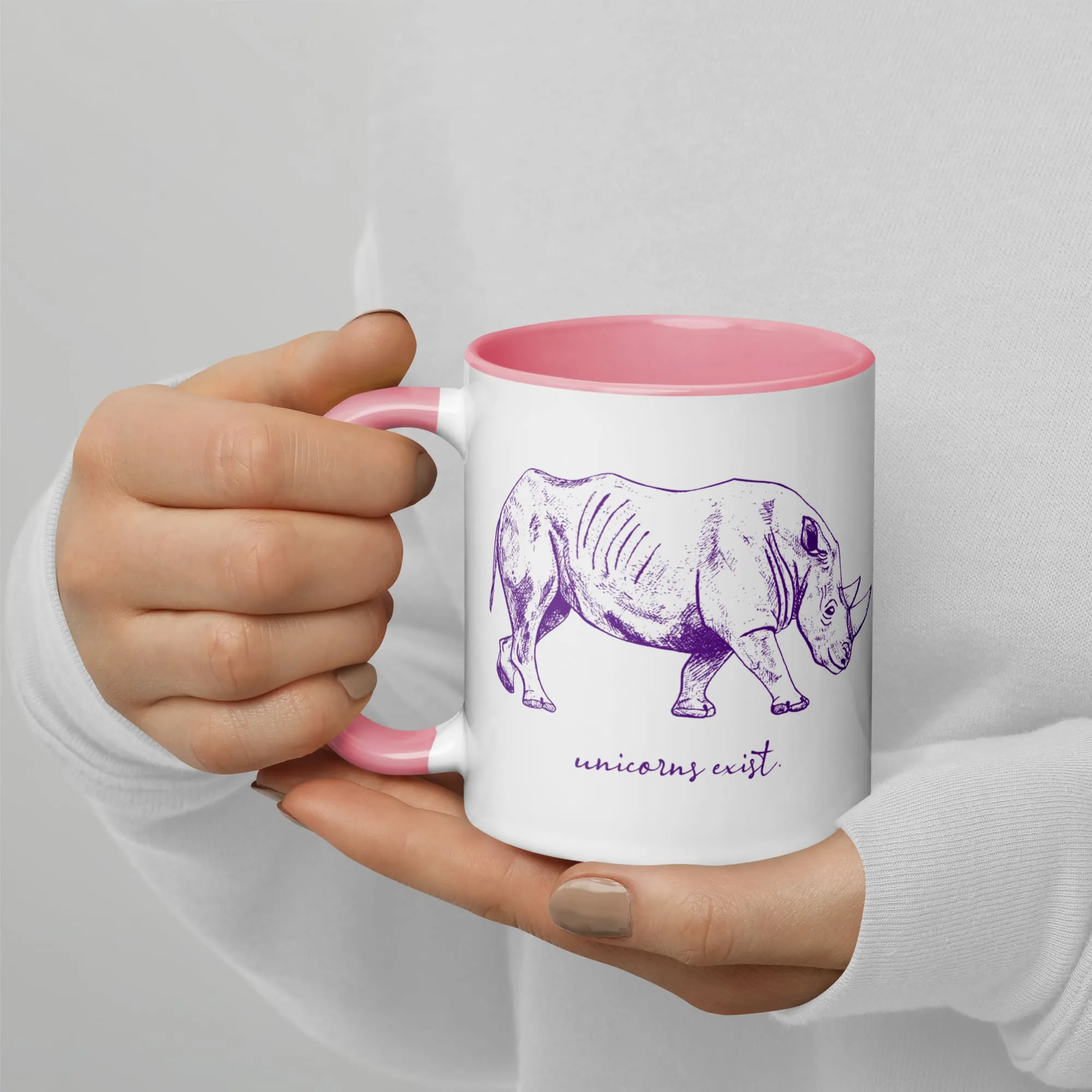 "Unicorns Exist" Rhinoceros Coffee Mug (Purple Print)