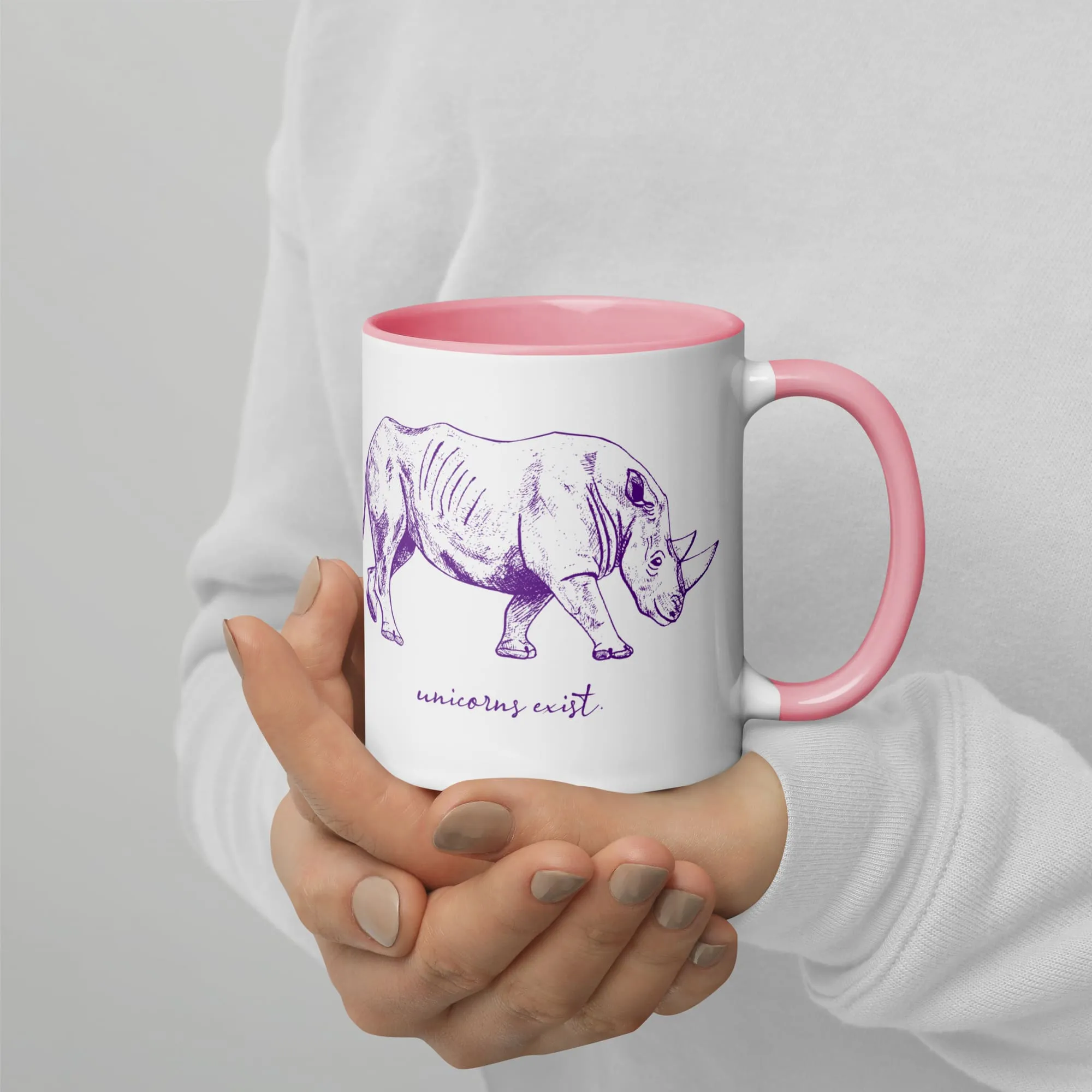 "Unicorns Exist" Rhinoceros Coffee Mug (Purple Print)