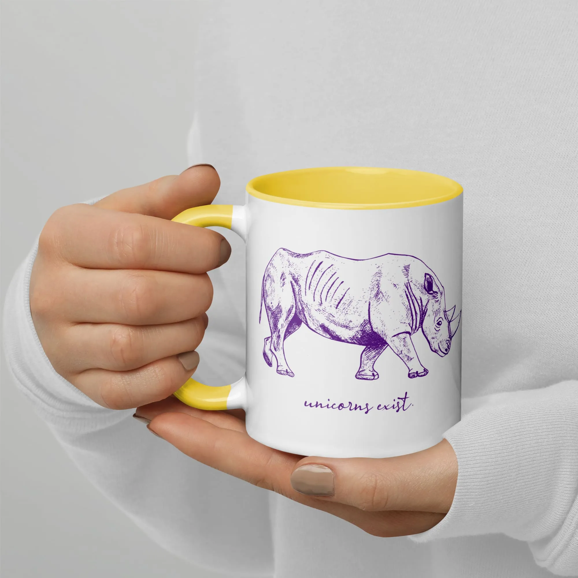 "Unicorns Exist" Rhinoceros Coffee Mug (Purple Print)