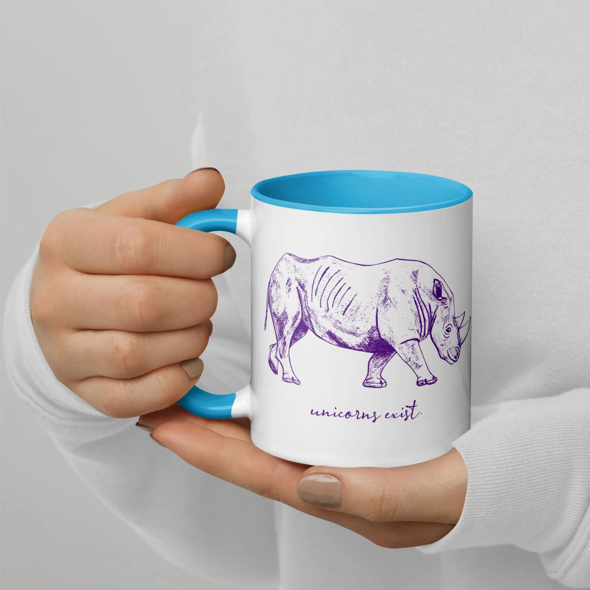 "Unicorns Exist" Rhinoceros Coffee Mug (Purple Print)