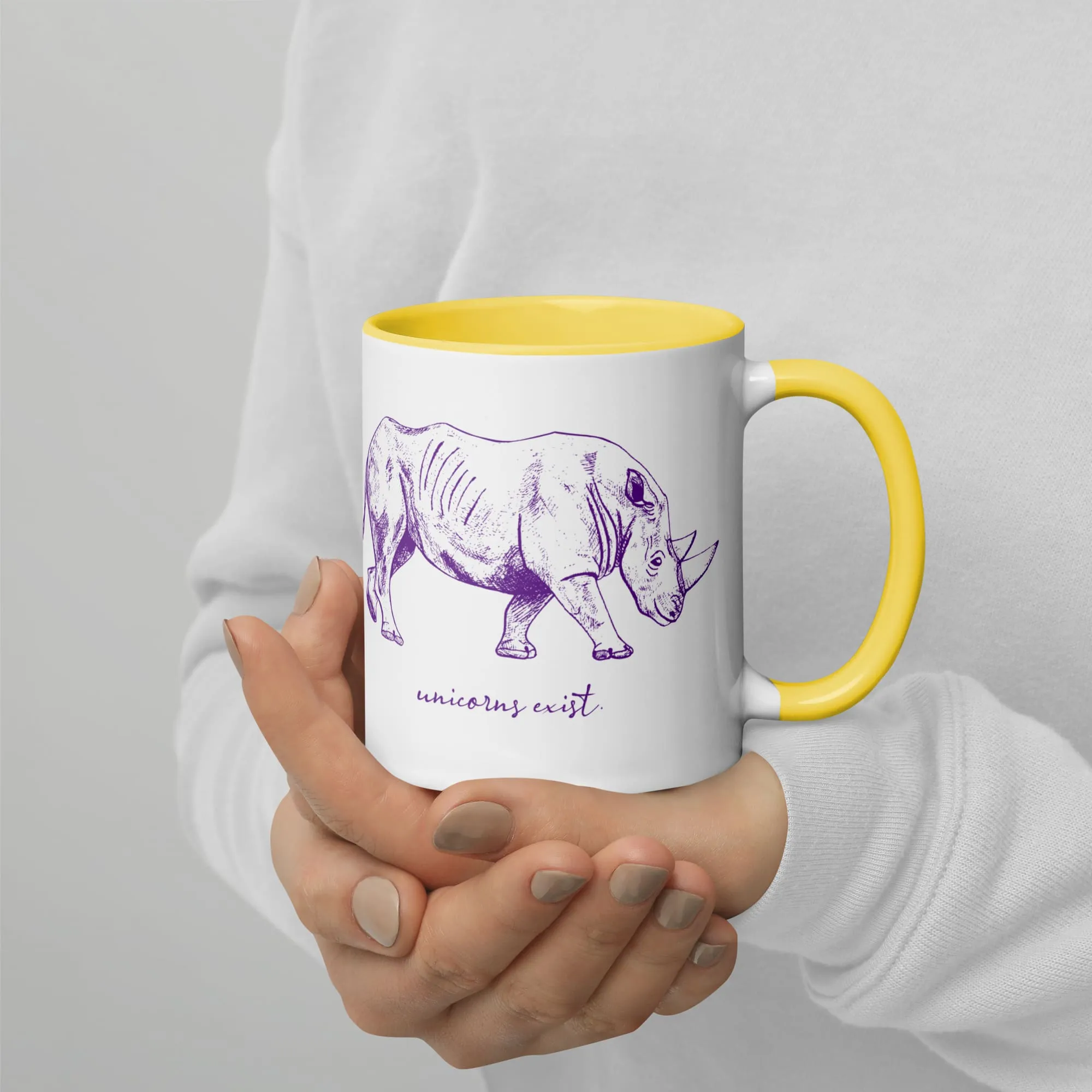 "Unicorns Exist" Rhinoceros Coffee Mug (Purple Print)