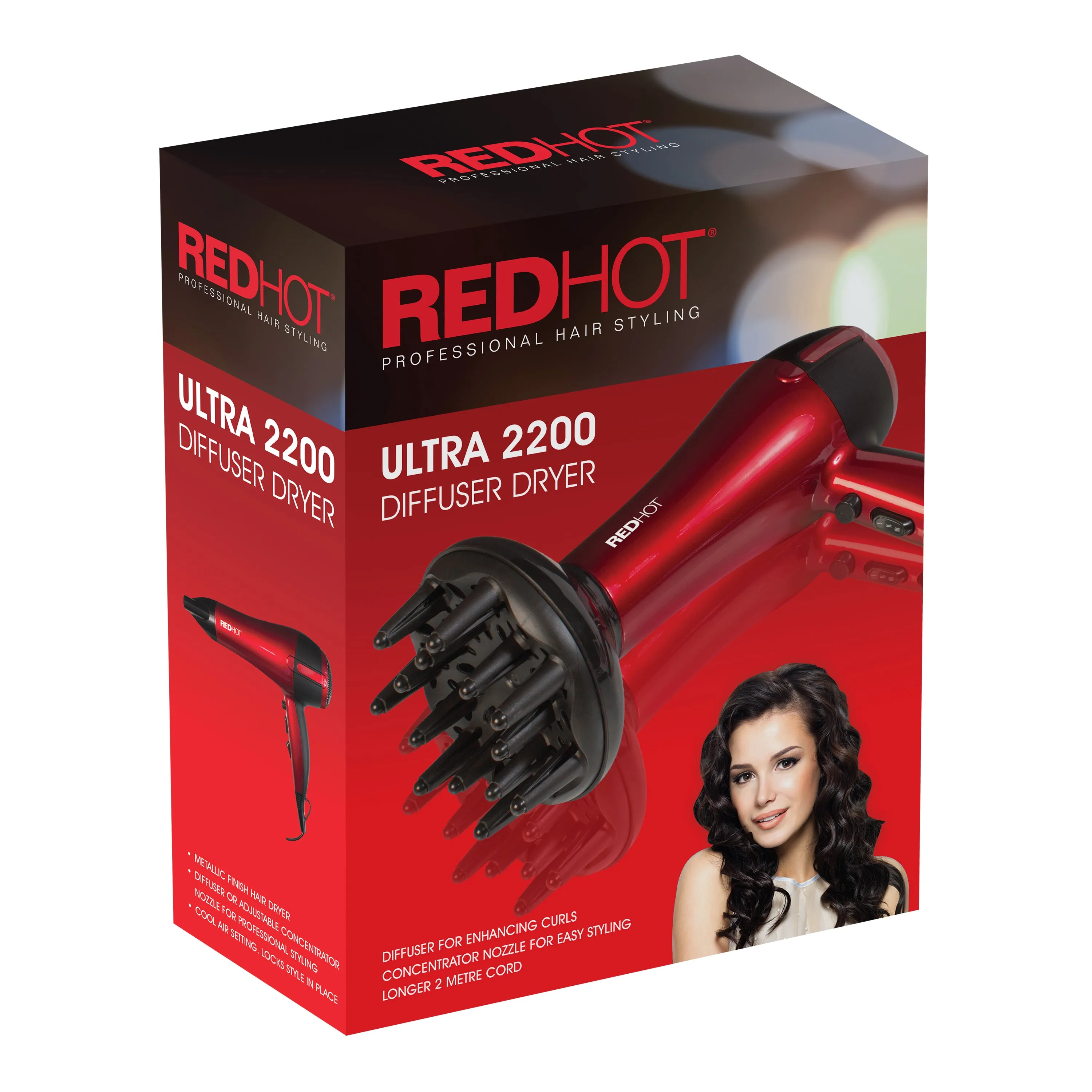 Red Hot 2200W Professional Hair Dryer With Diffuser - Red