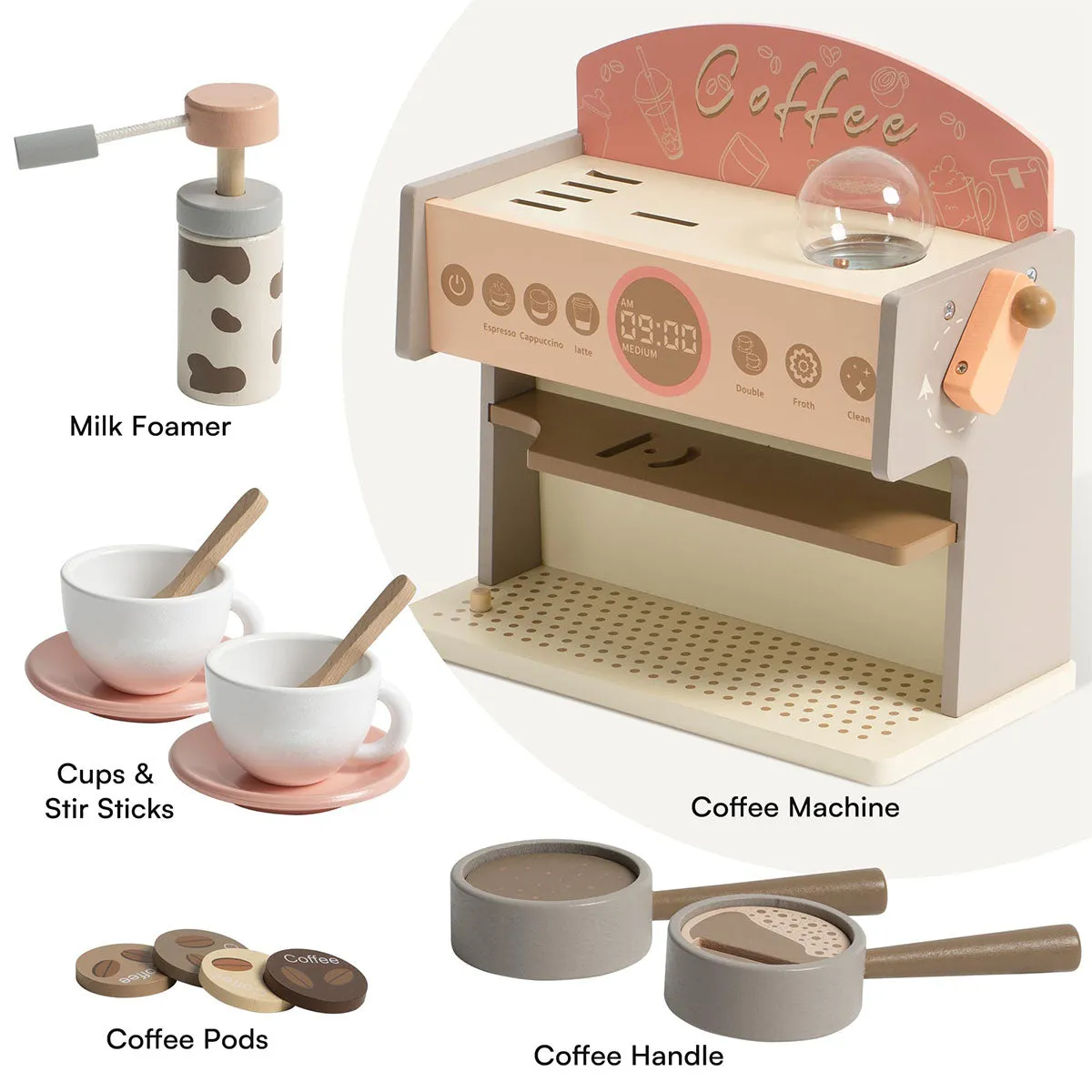 ROBUD Coffee Maker Wooden Espresso Machine Playset