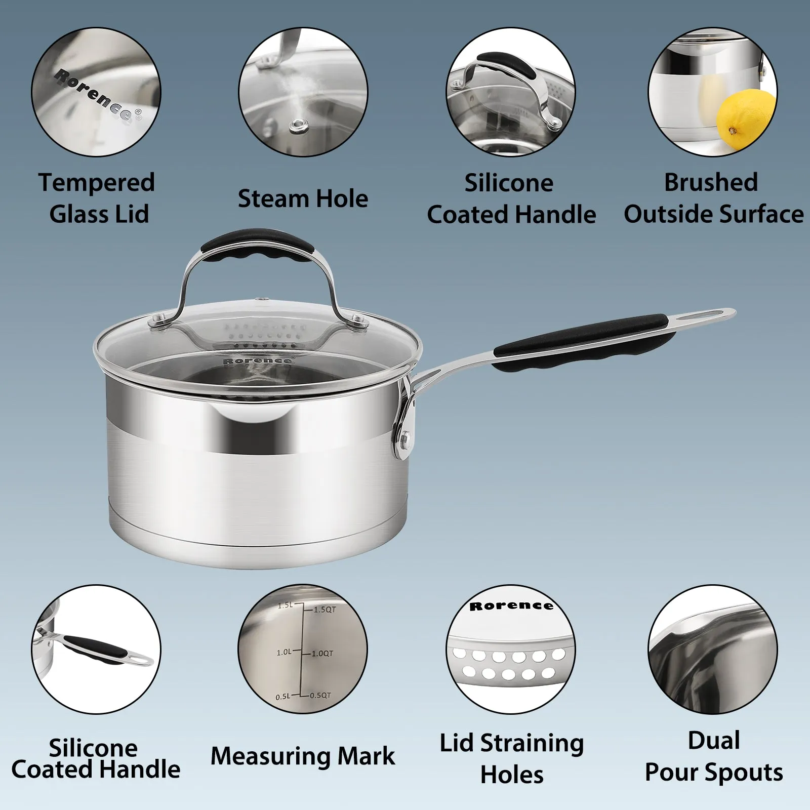 Rorence Stainless Steel Saucepan with Silicone Coated Handles and Pout Spouts