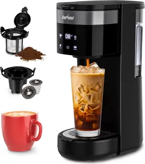 Superjoe Iced Coffee Maker, Single Serve Coffee Maker with 3 Brewing Options for K Cup Pod or Ground Coffee, 30oz Removable Water Reservoir & Reusable Filter, Ideal for Home & Office, Black