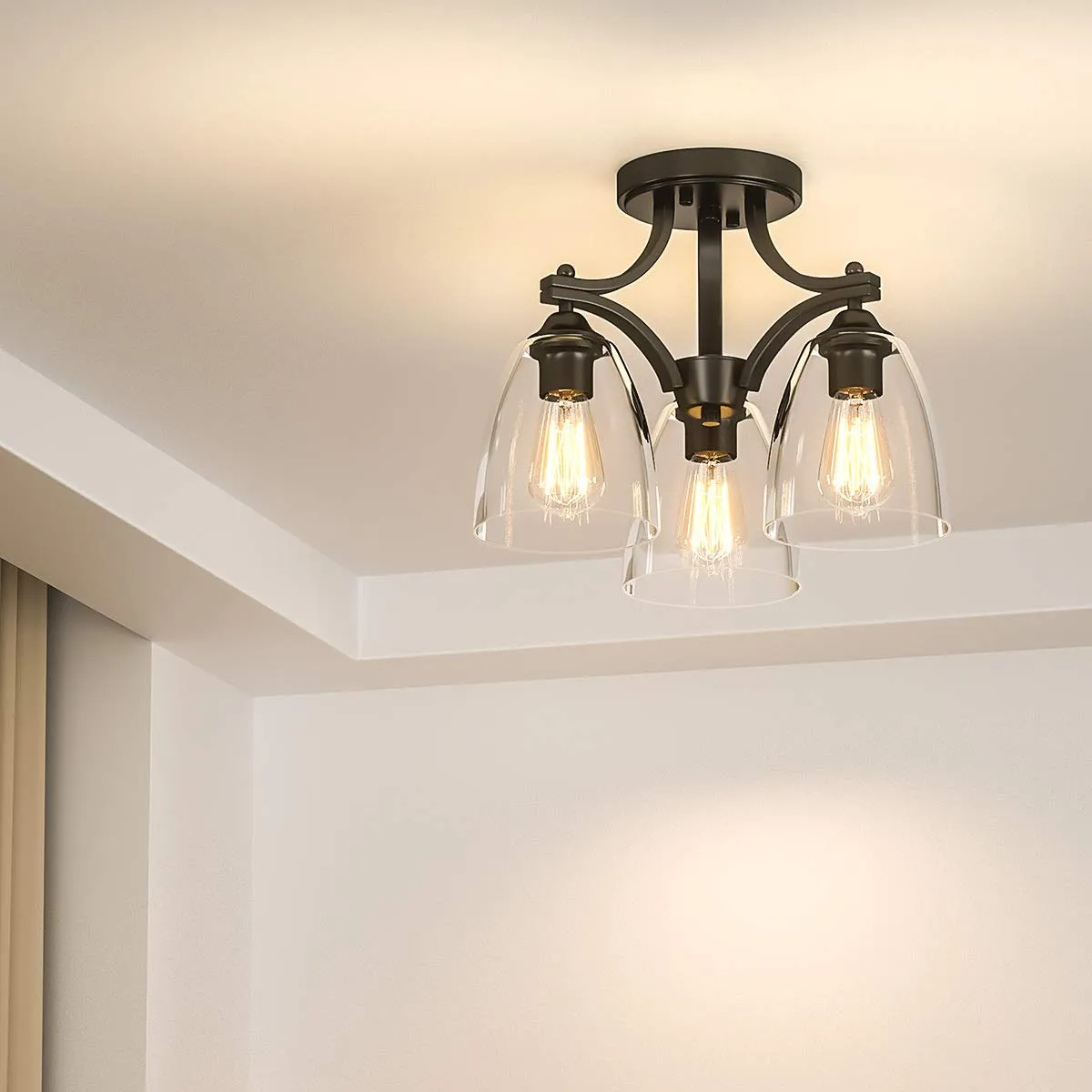 Tangkula Glass Ceiling Light Fixture, Clear Glass Shade, Semi Flush Mount Ceiling Light w/ Sturdy Metal Canopy