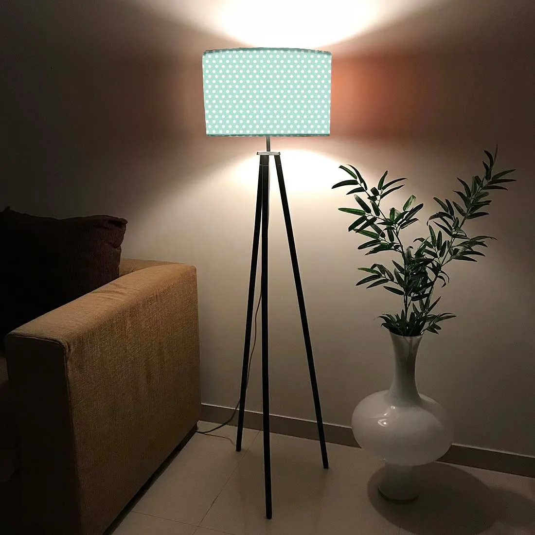 Tripod Floor Lamp Standing Light for Living Rooms -Mint Blue Polka