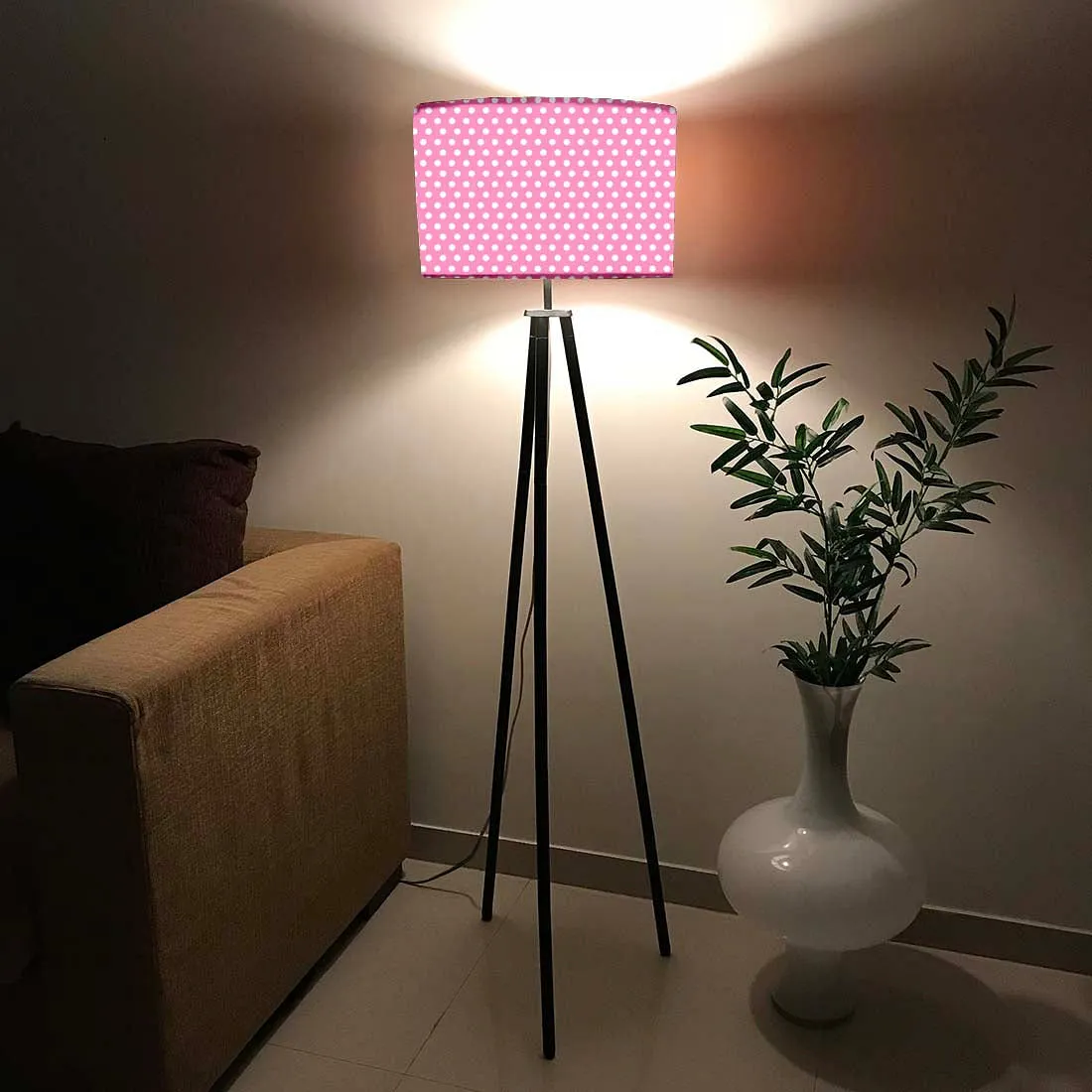 Tripod Floor Lamp Standing Light for Living Rooms -Pink Polka